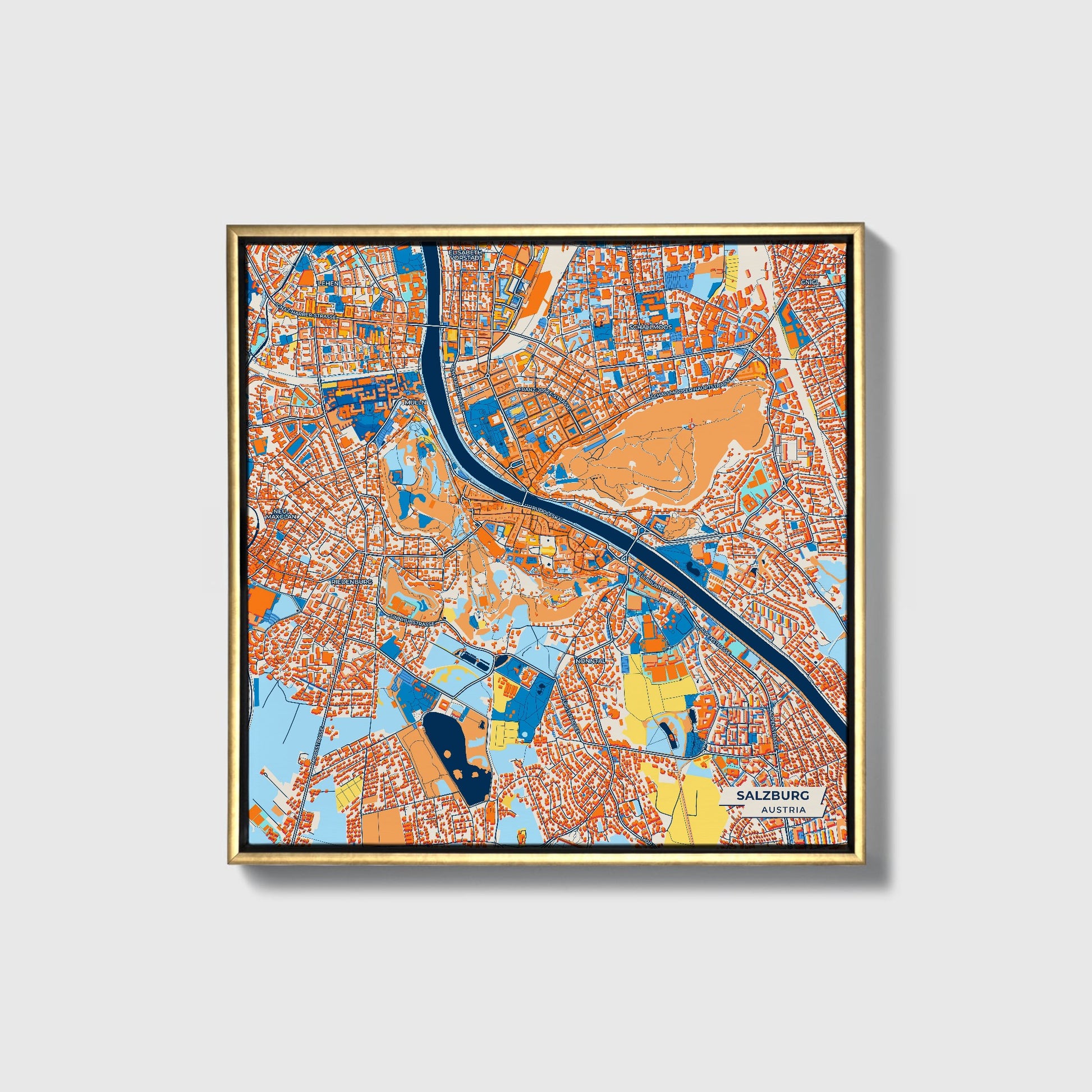 Salzburg Austria Colorful City Map Canvas Print • Gold Framed