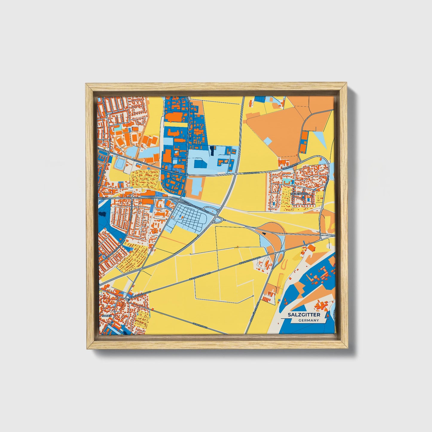 Salzgitter Germany Colorful City Map Canvas Print • Natural Wooden Framed