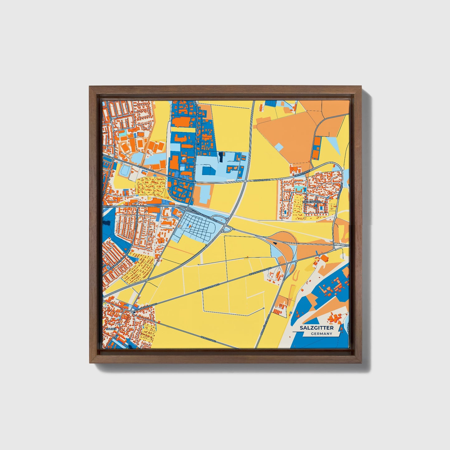 Salzgitter Germany Colorful City Map Canvas Print • Dark Wooden Framed