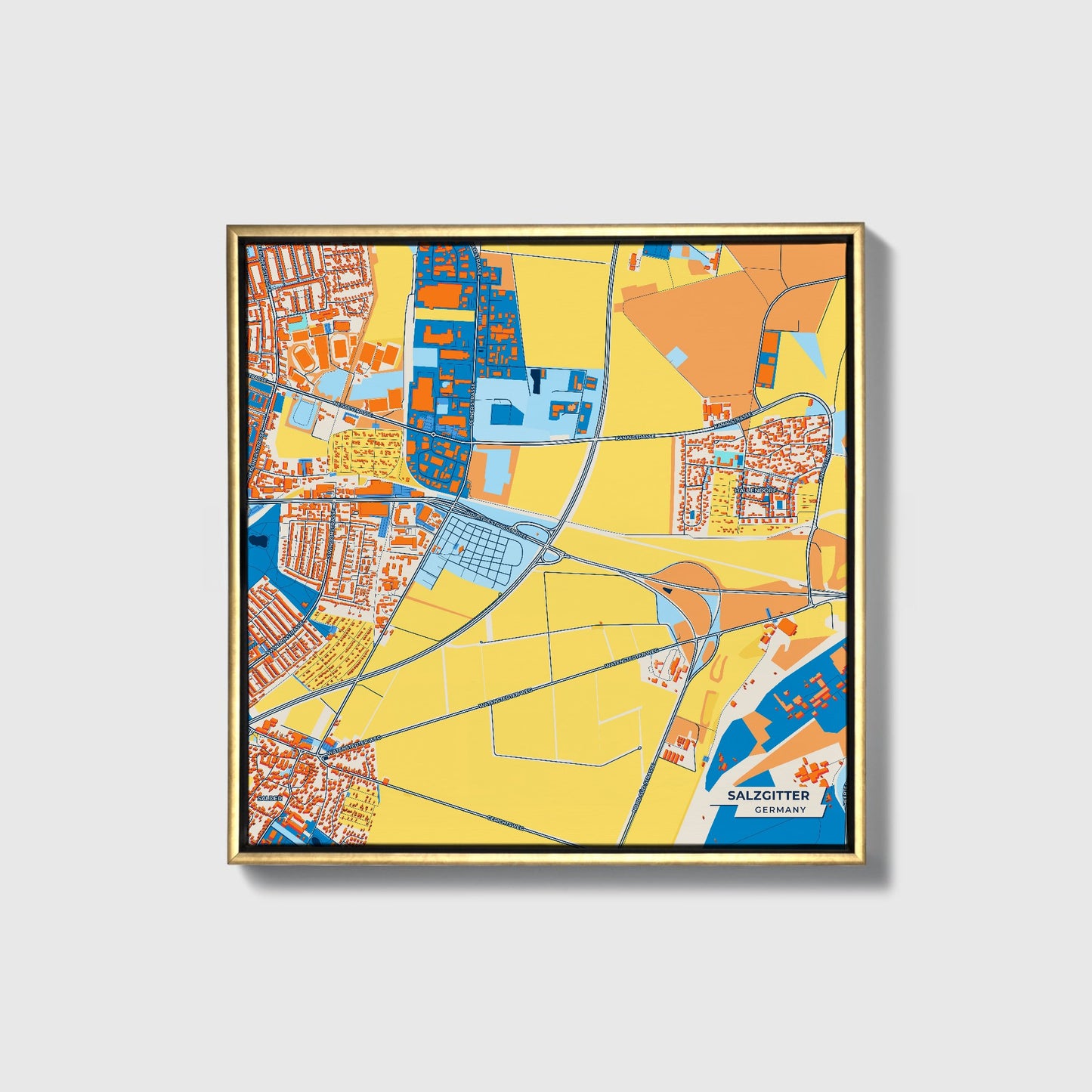 Salzgitter Germany Colorful City Map Canvas Print • Gold Framed