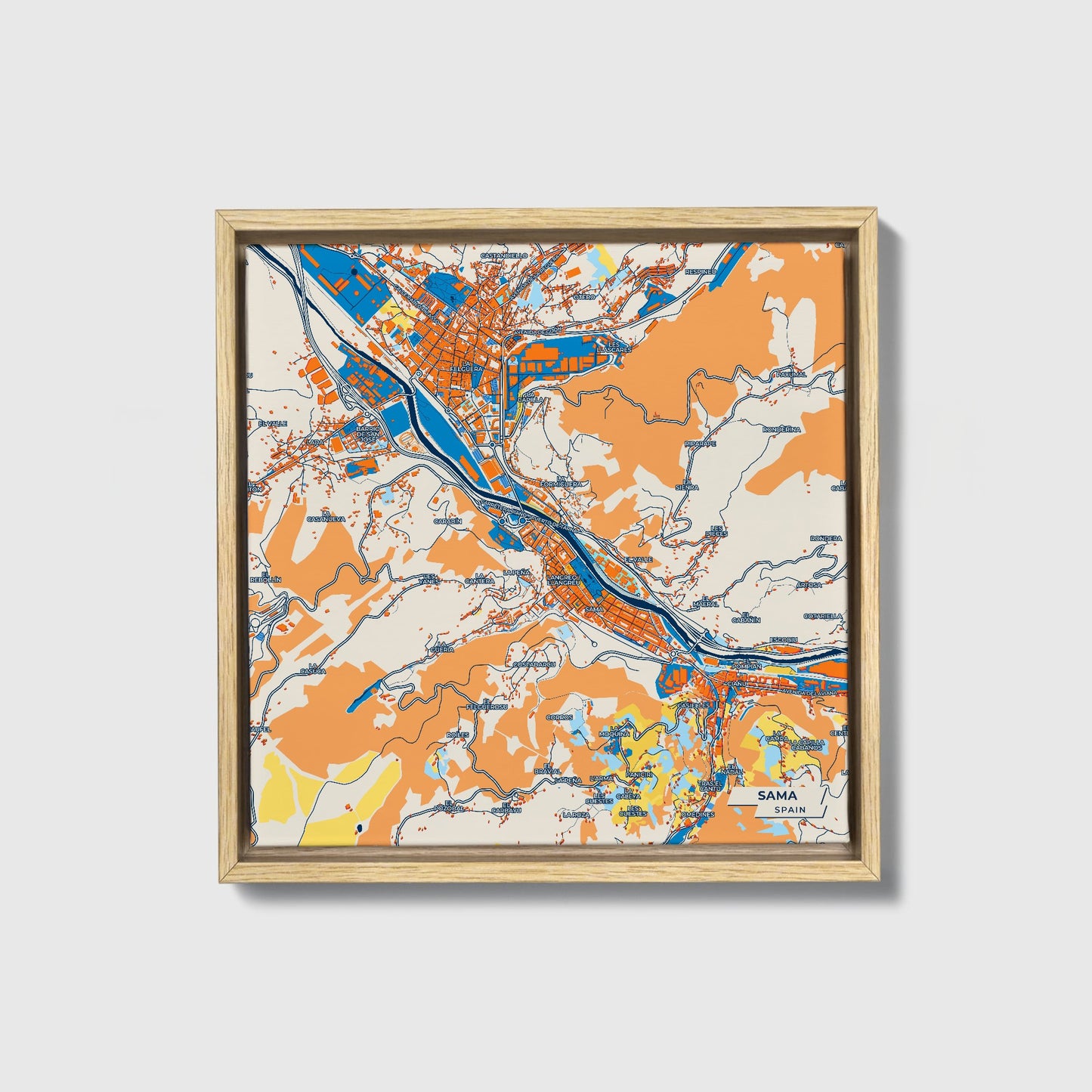 Sama Spain Colorful City Map Canvas Print • Natural Wooden Framed
