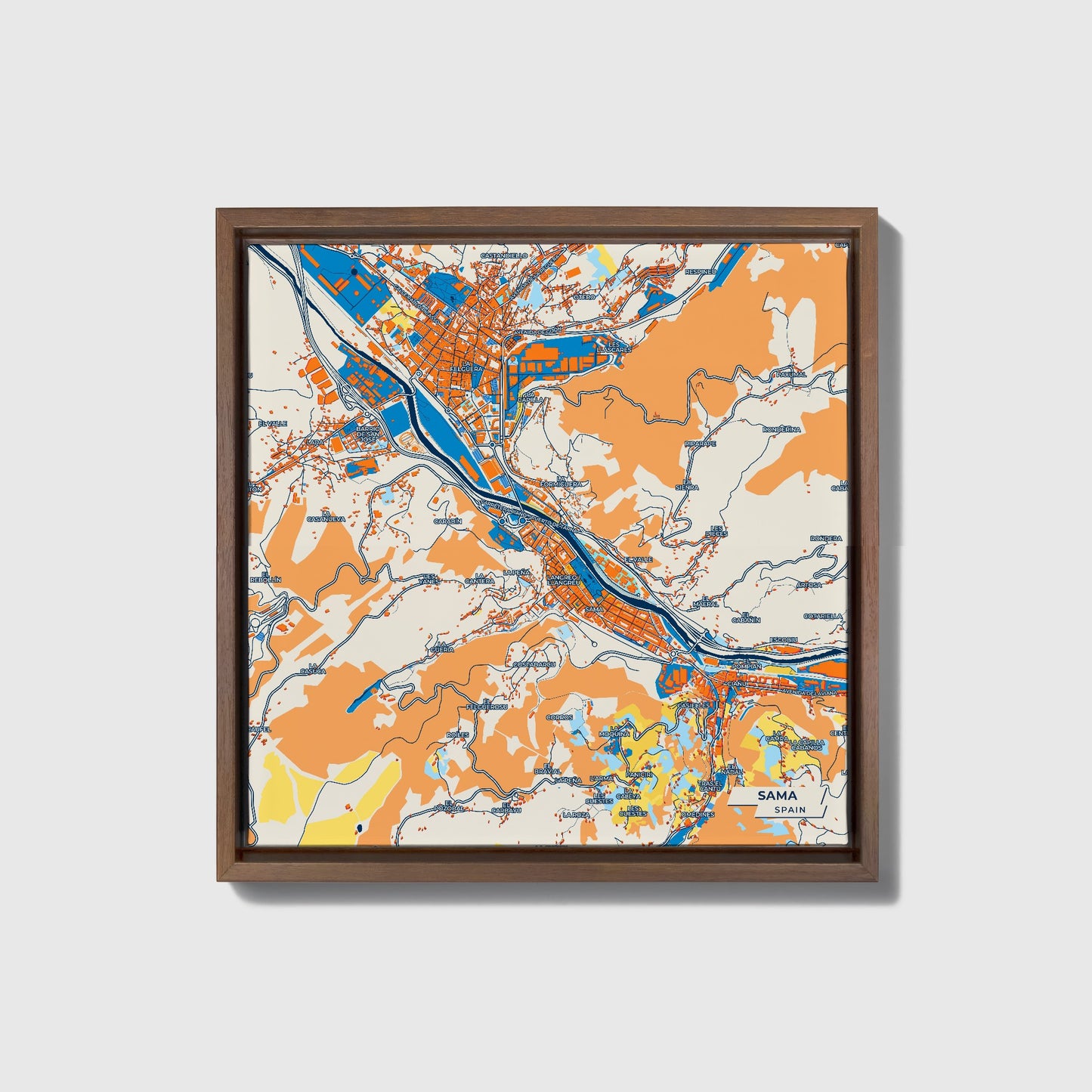Sama Spain Colorful City Map Canvas Print • Dark Wooden Framed