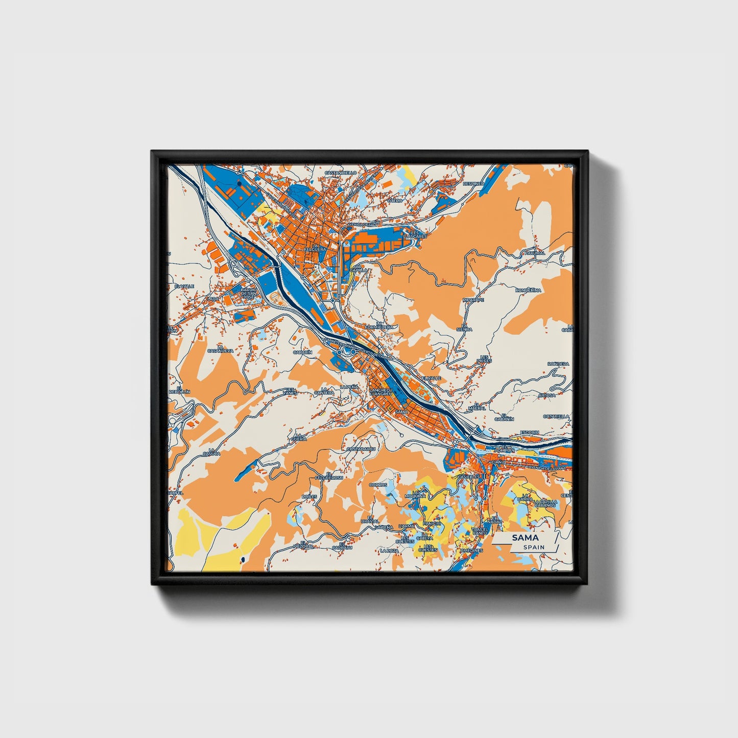 Sama Spain Colorful City Map Canvas Print • Black Framed