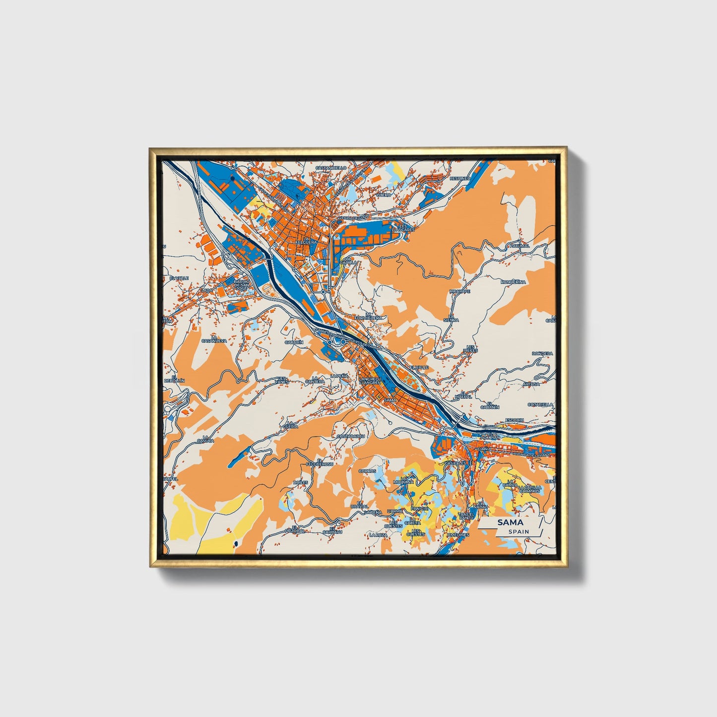 Sama Spain Colorful City Map Canvas Print • Gold Framed