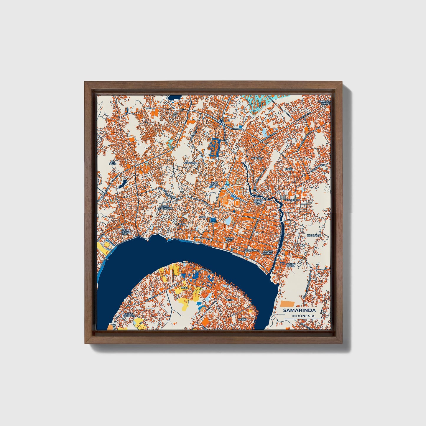 Samarinda Indonesia Colorful City Map Canvas Print • Dark Wooden Framed