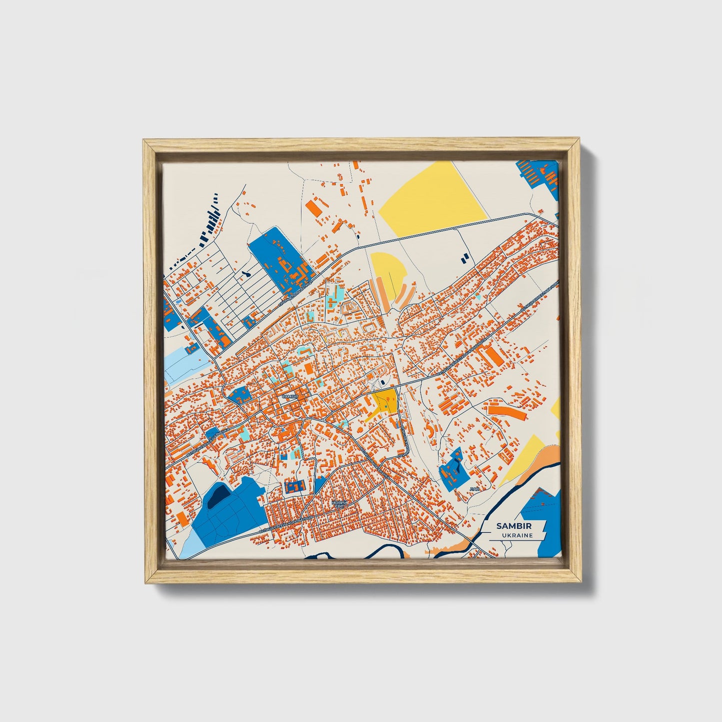 Самбір Ukraine Colorful City Map Canvas Print • Natural Wooden Framed