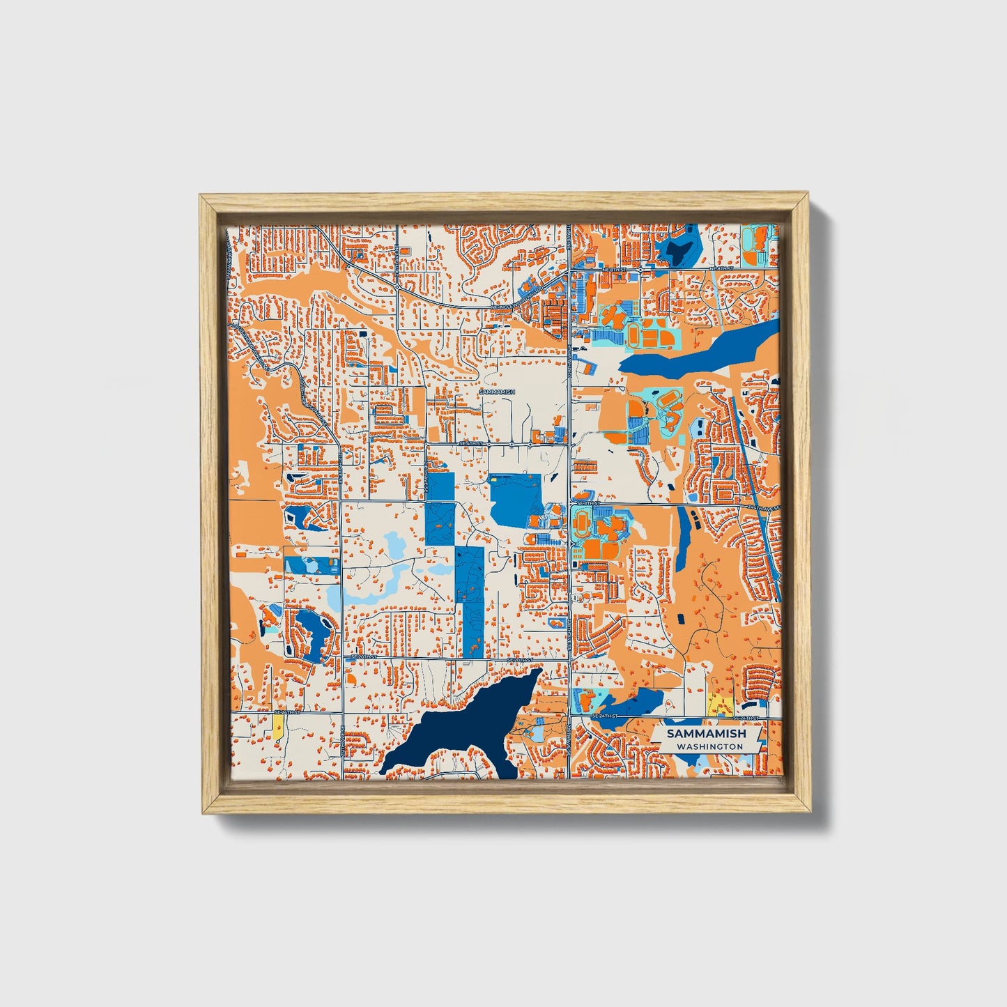 Sammamish Washington Colorful City Map Canvas Print • Natural Wooden Framed