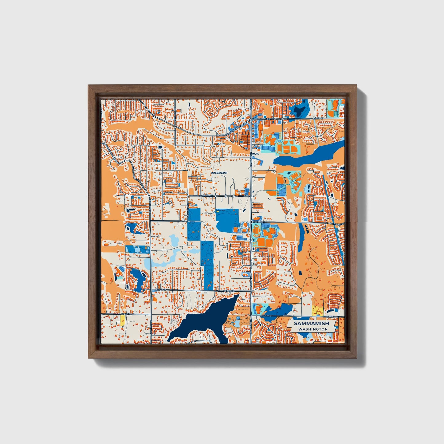 Sammamish Washington Colorful City Map Canvas Print • Dark Wooden Framed