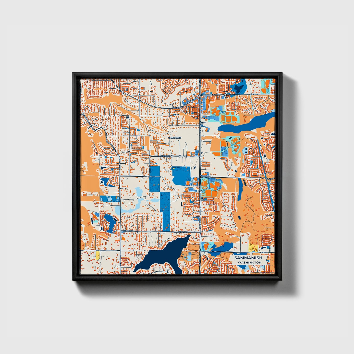 Sammamish Washington Colorful City Map Canvas Print • Black Framed