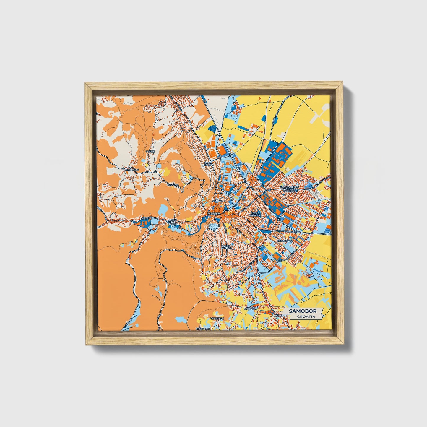 Samobor Croatia Colorful City Map Canvas Print • Natural Wooden Framed