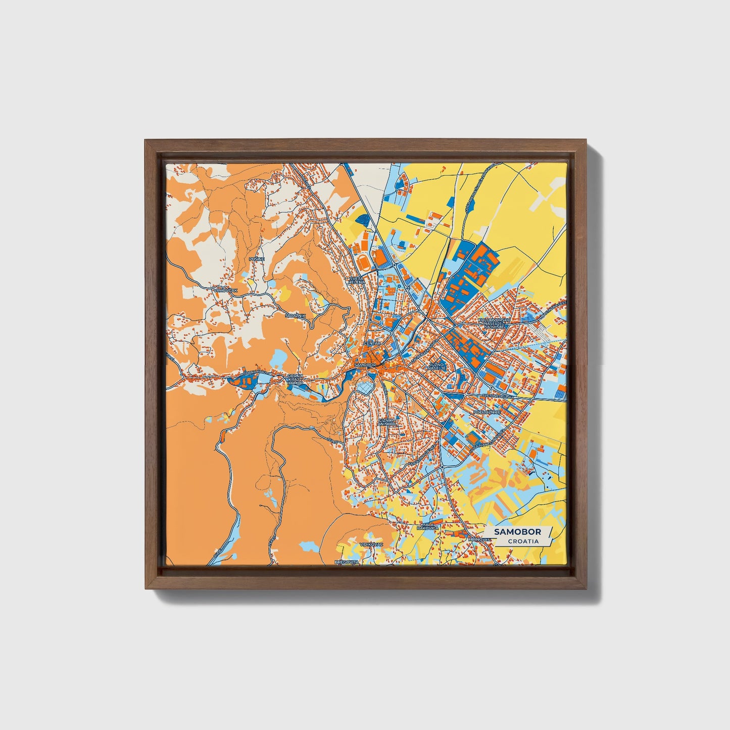 Samobor Croatia Colorful City Map Canvas Print • Dark Wooden Framed