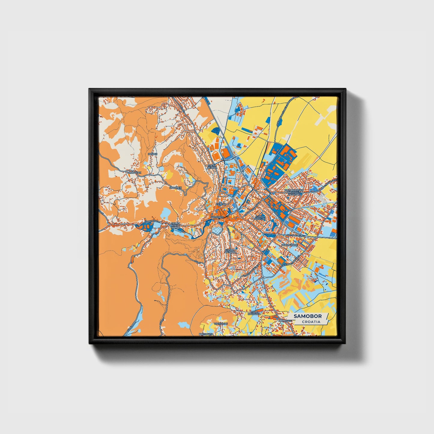 Samobor Croatia Colorful City Map Canvas Print • Black Framed