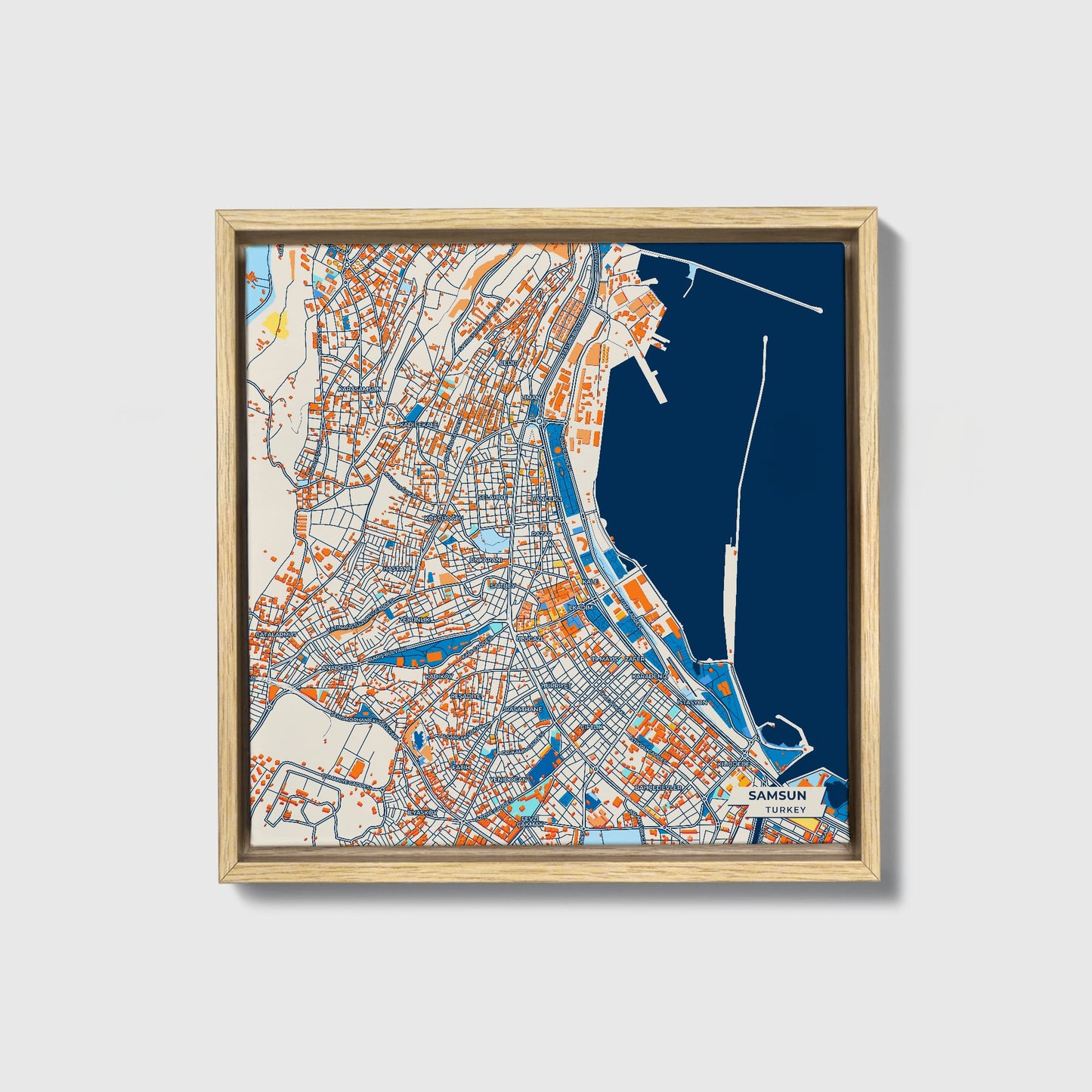 Samsun Turkey Colorful City Map Canvas Print • Natural Wooden Framed