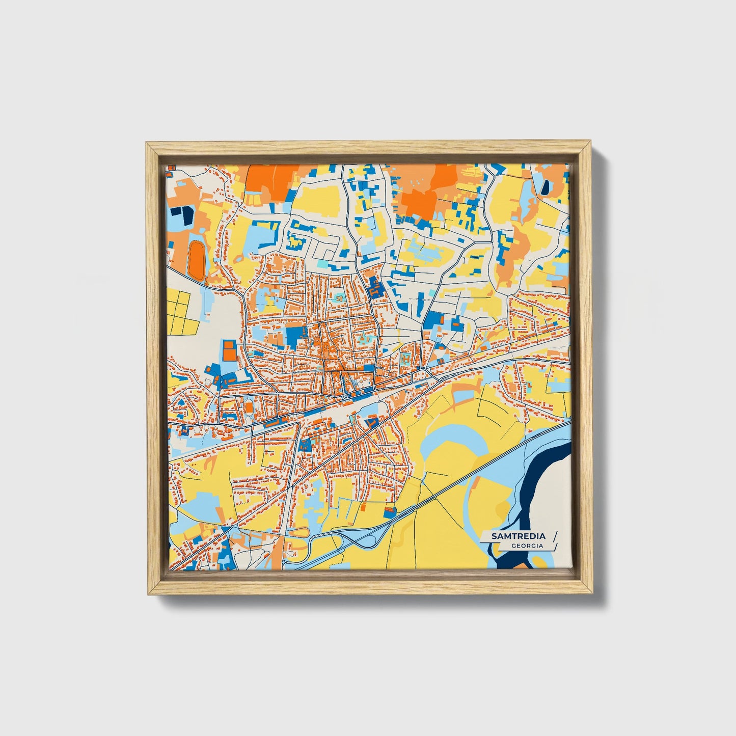 Samtredia Georgia Colorful City Map Canvas Print • Natural Wooden Framed