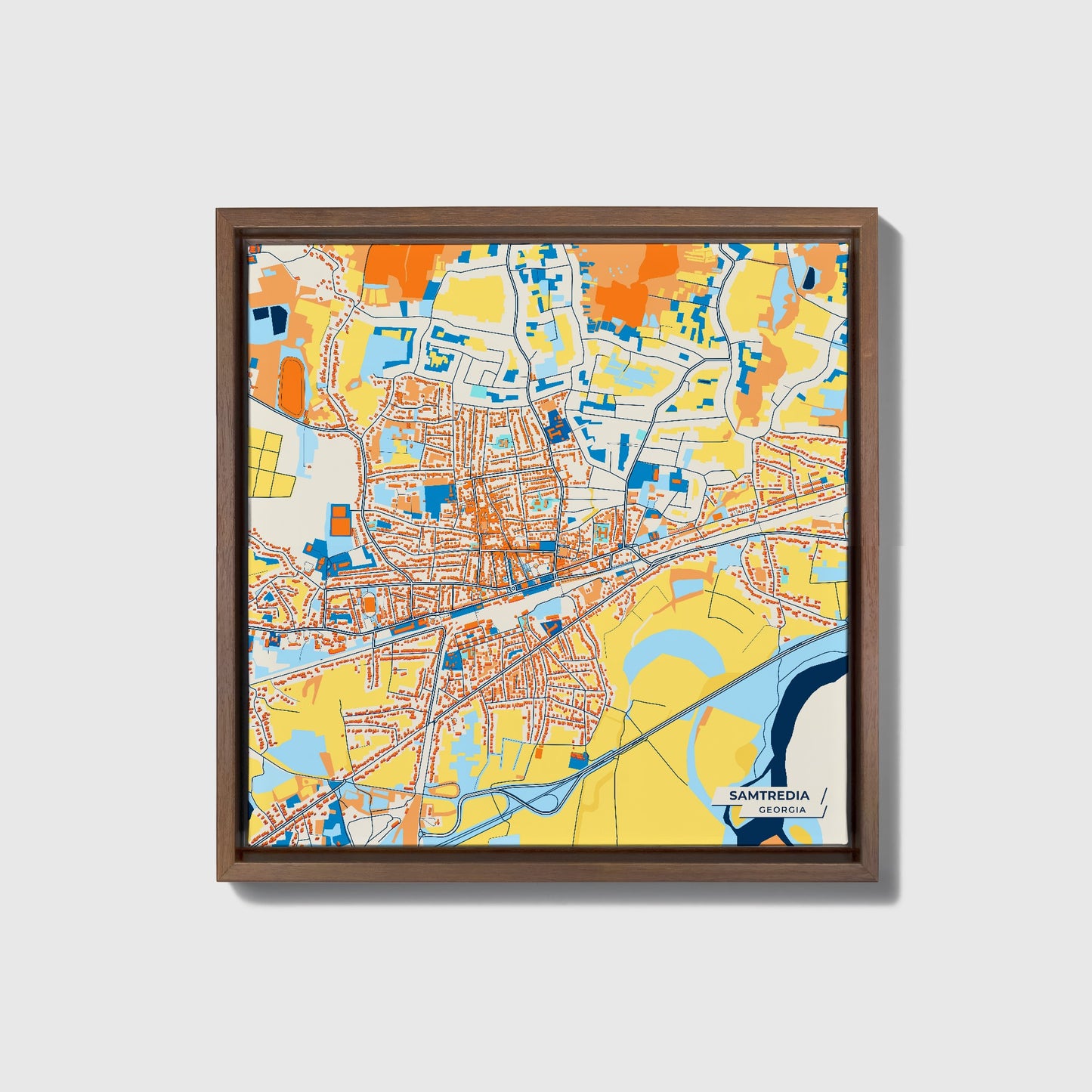 Samtredia Georgia Colorful City Map Canvas Print • Dark Wooden Framed