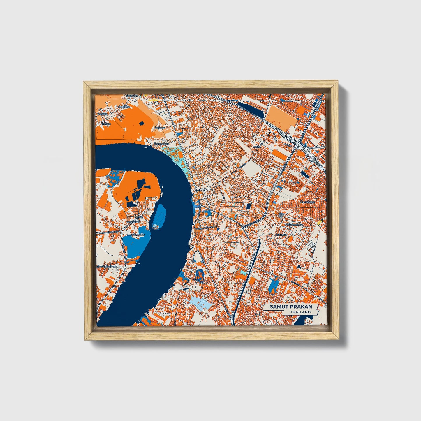 Samut Prakan Thailand Colorful City Map Canvas Print • Natural Wooden Framed
