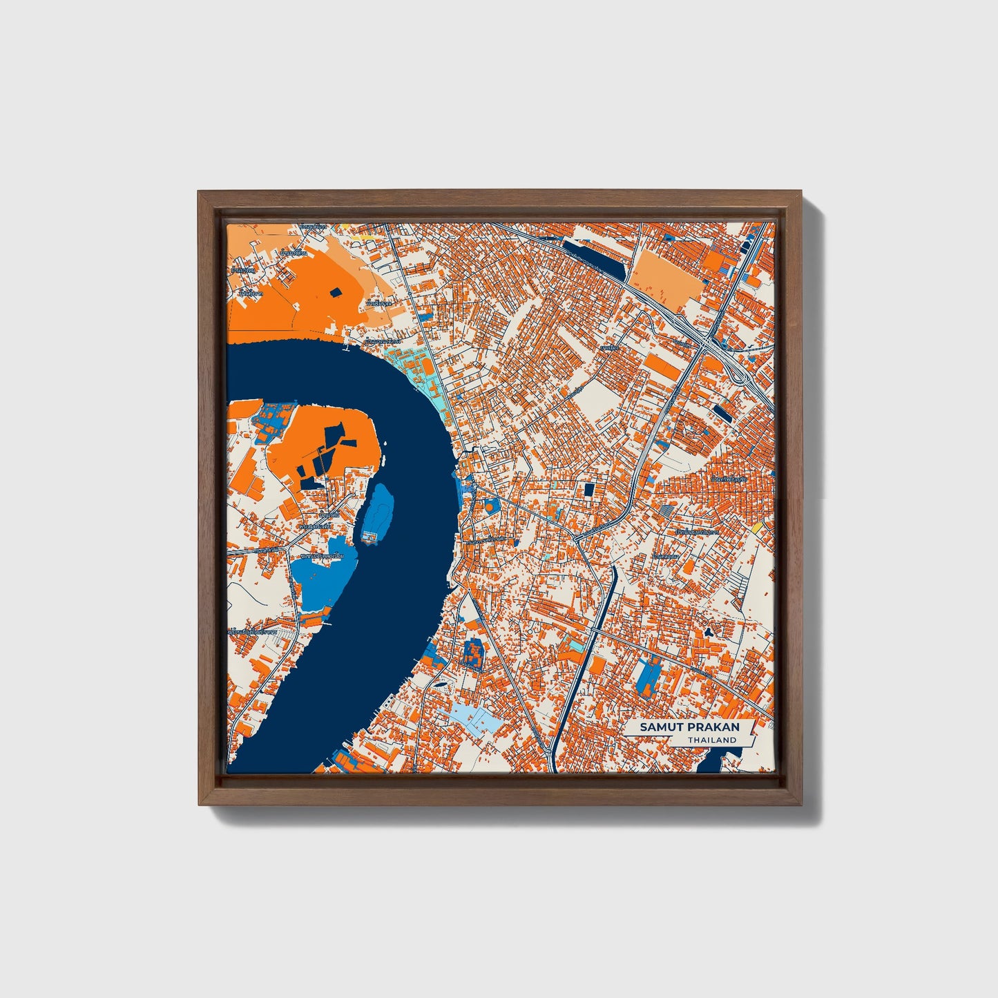 Samut Prakan Thailand Colorful City Map Canvas Print • Dark Wooden Framed
