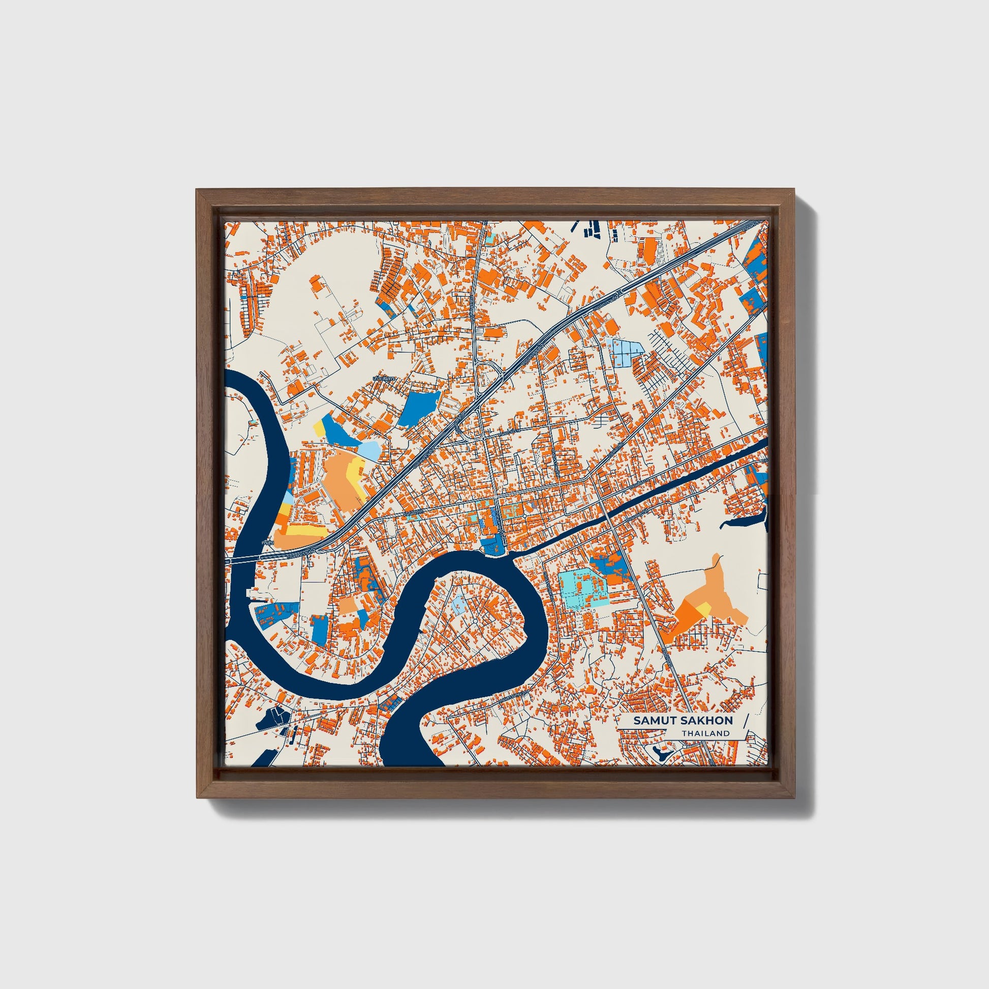 Samut Sakhon Thailand Colorful City Map Canvas Print • Dark Wooden Framed