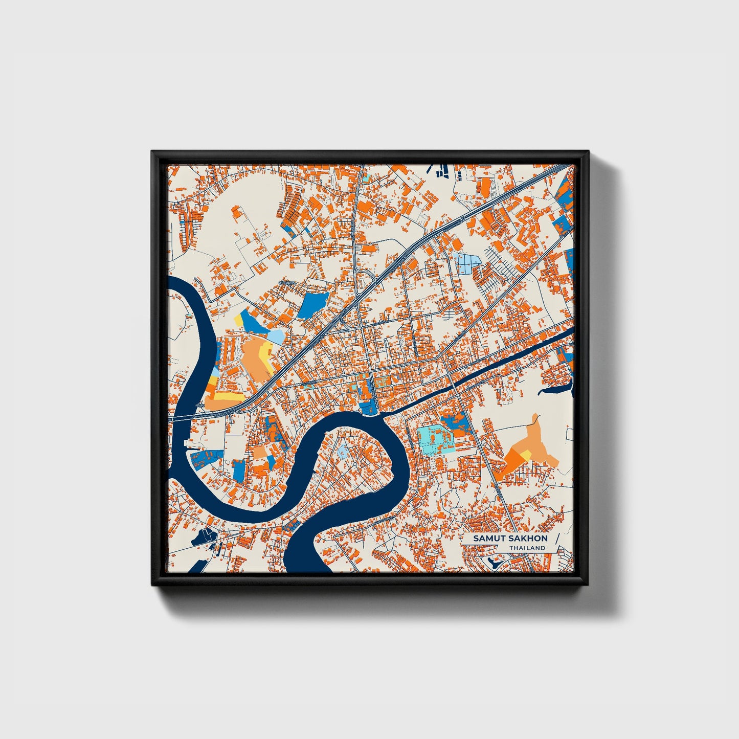 Samut Sakhon Thailand Colorful City Map Canvas Print • Black Framed