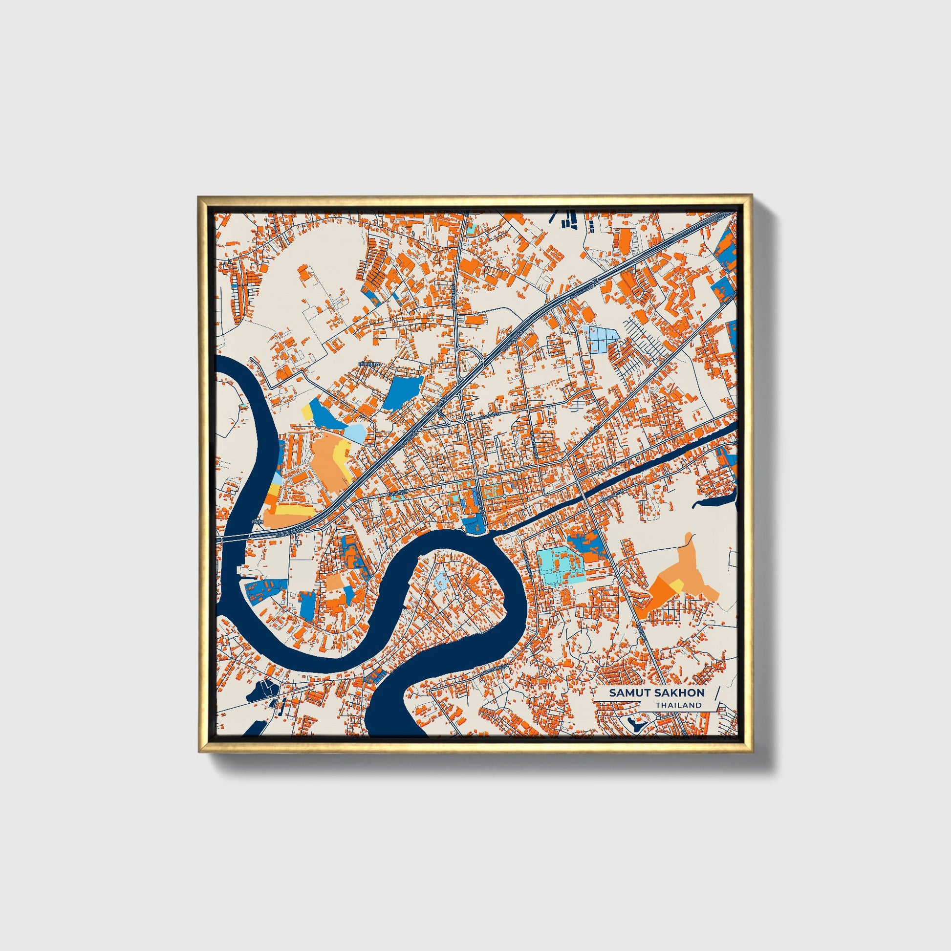 Samut Sakhon Thailand Colorful City Map Canvas Print • Gold Framed