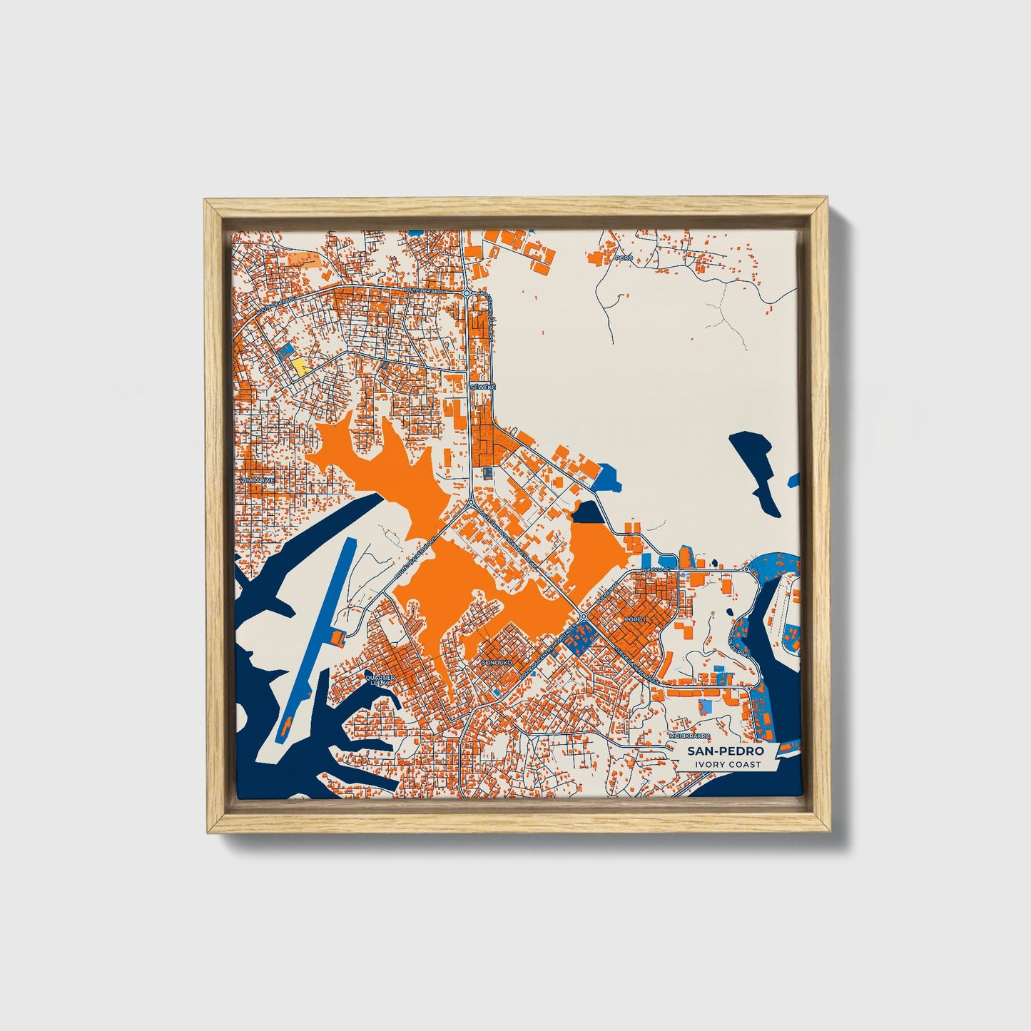 San-Pedro Ivory Coast Colorful City Map Canvas Print • Natural Wooden Framed