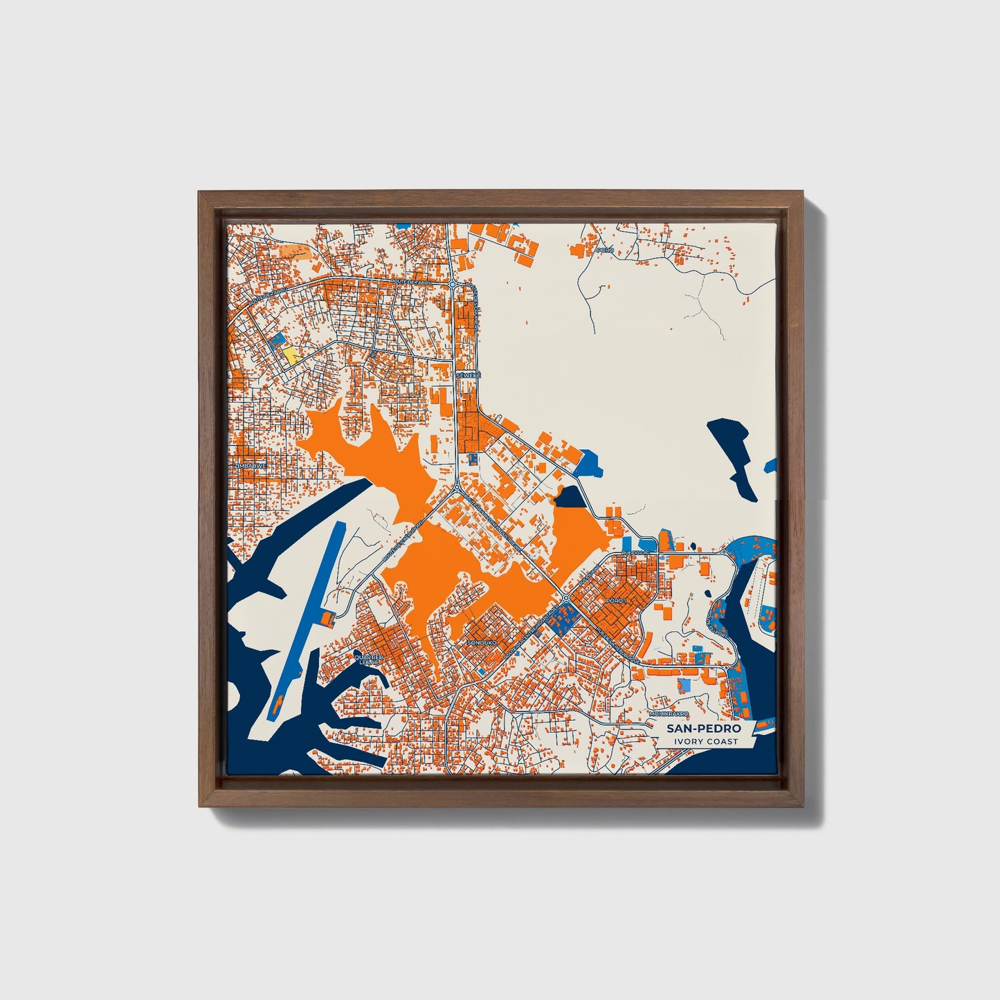 San-Pedro Ivory Coast Colorful City Map Canvas Print • Dark Wooden Framed