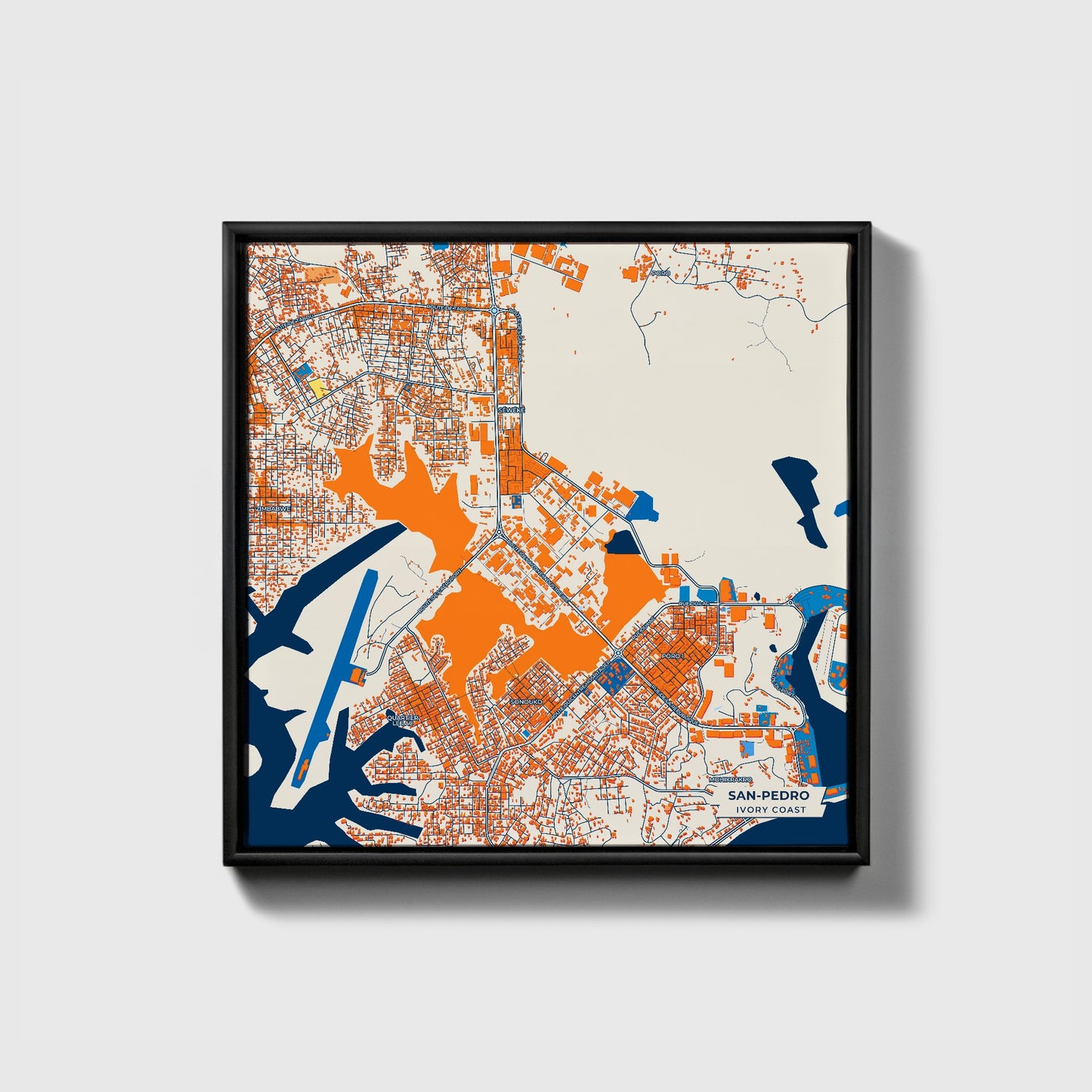 San-Pedro Ivory Coast Colorful City Map Canvas Print • Black Framed