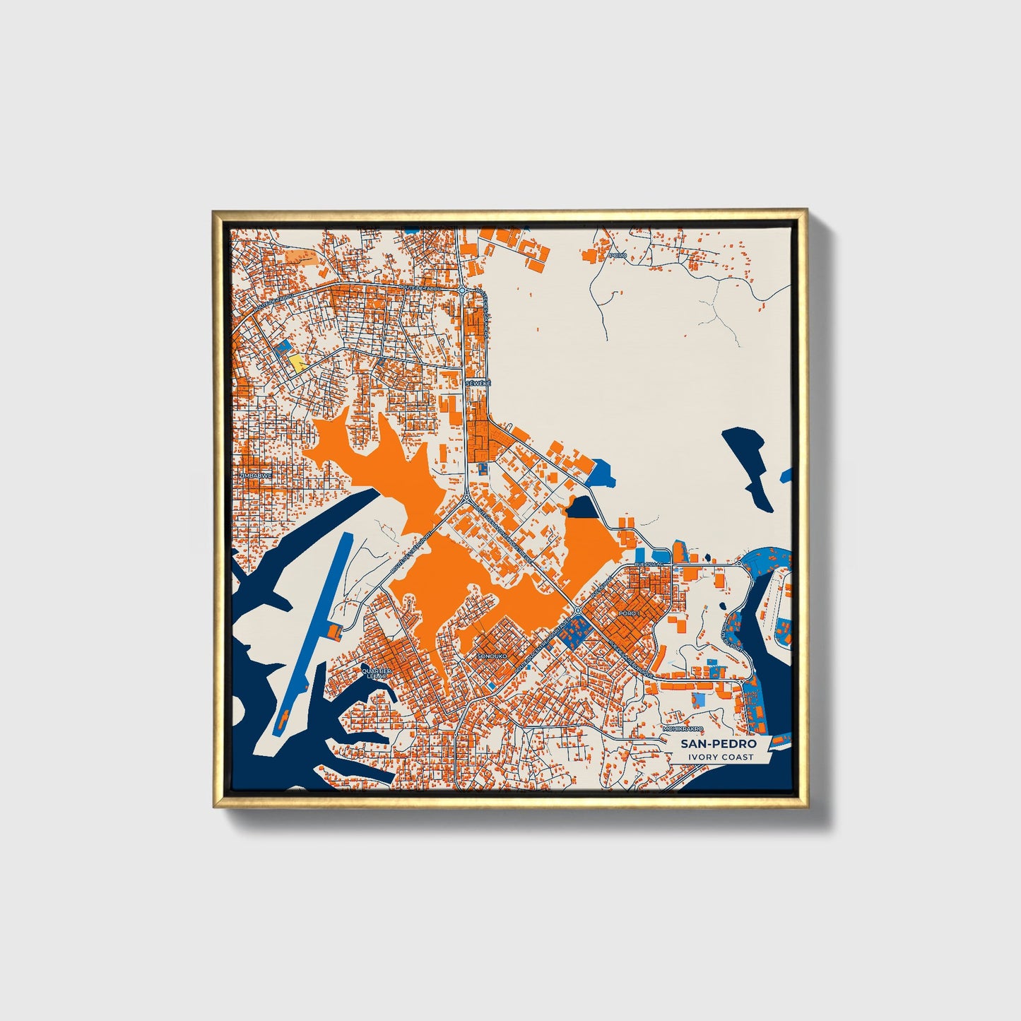 San-Pedro Ivory Coast Colorful City Map Canvas Print • Gold Framed