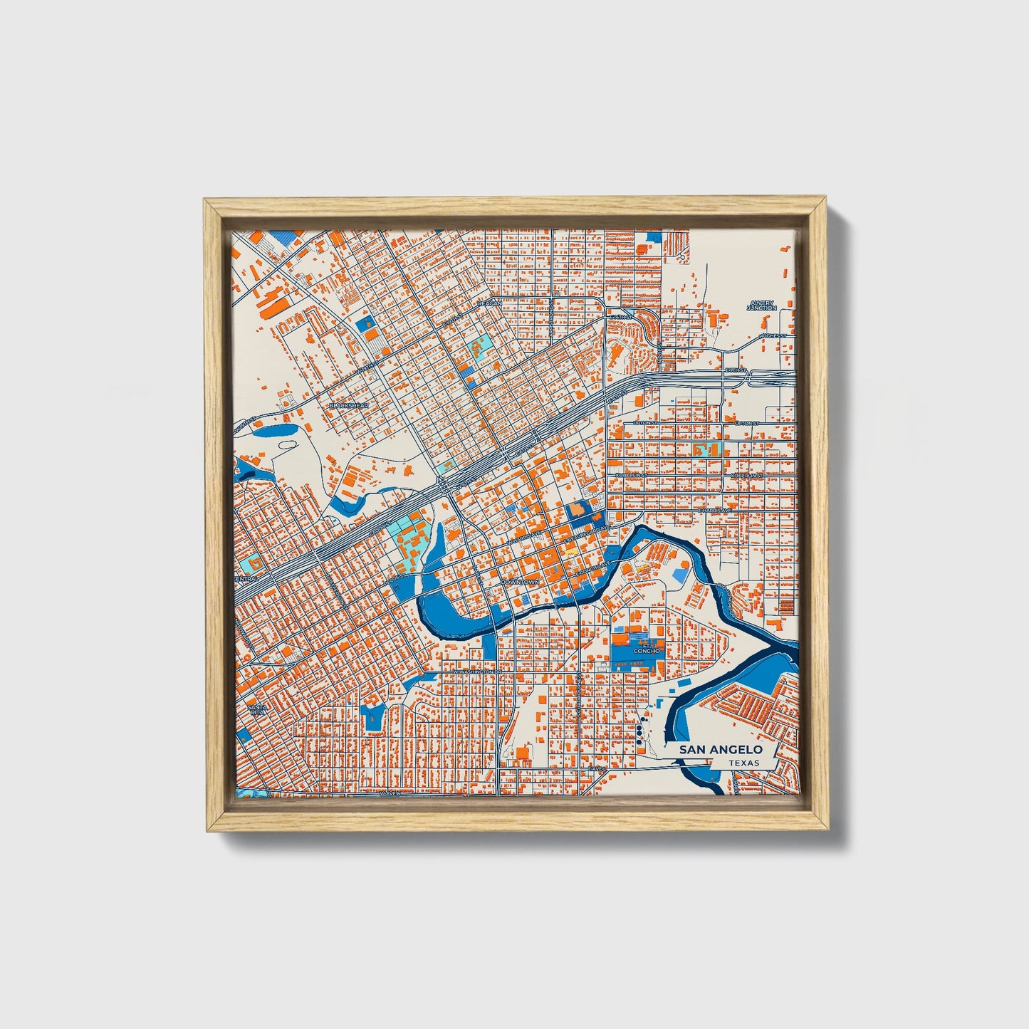 San Angelo Texas Colorful City Map Canvas Print • Natural Wooden Framed