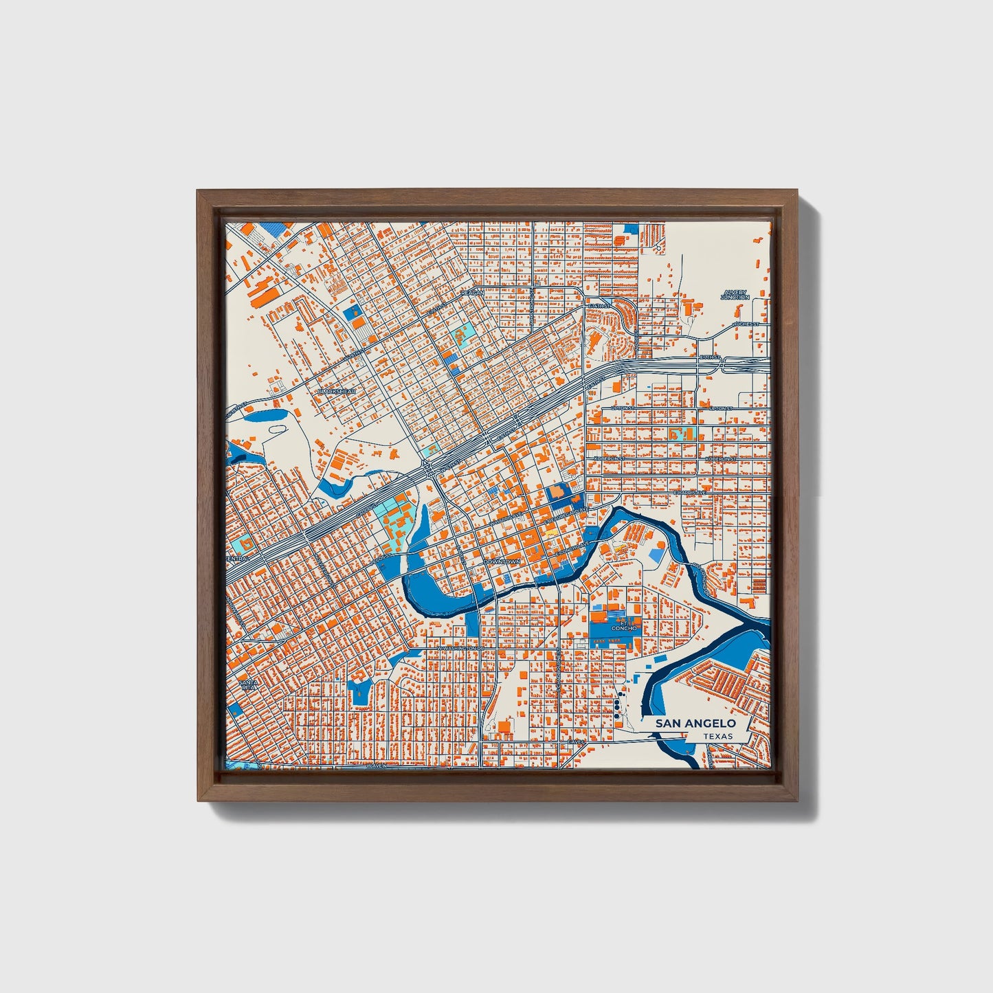 San Angelo Texas Colorful City Map Canvas Print • Dark Wooden Framed