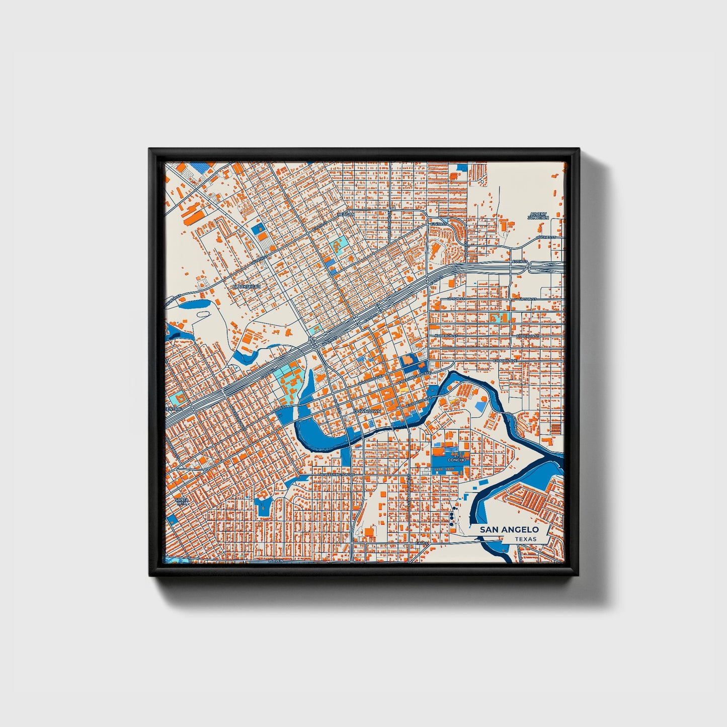 San Angelo Texas Colorful City Map Canvas Print • Black Framed