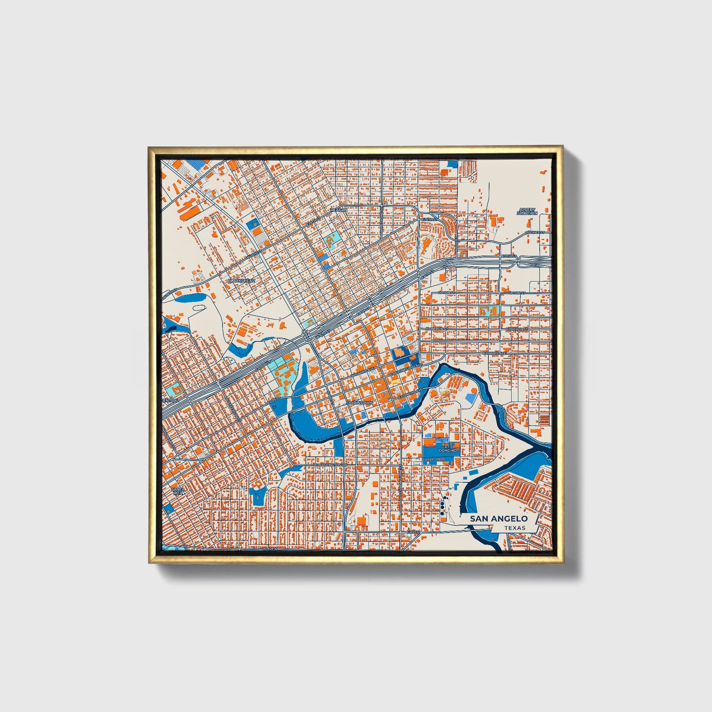 San Angelo Texas Colorful City Map Canvas Print • Gold Framed