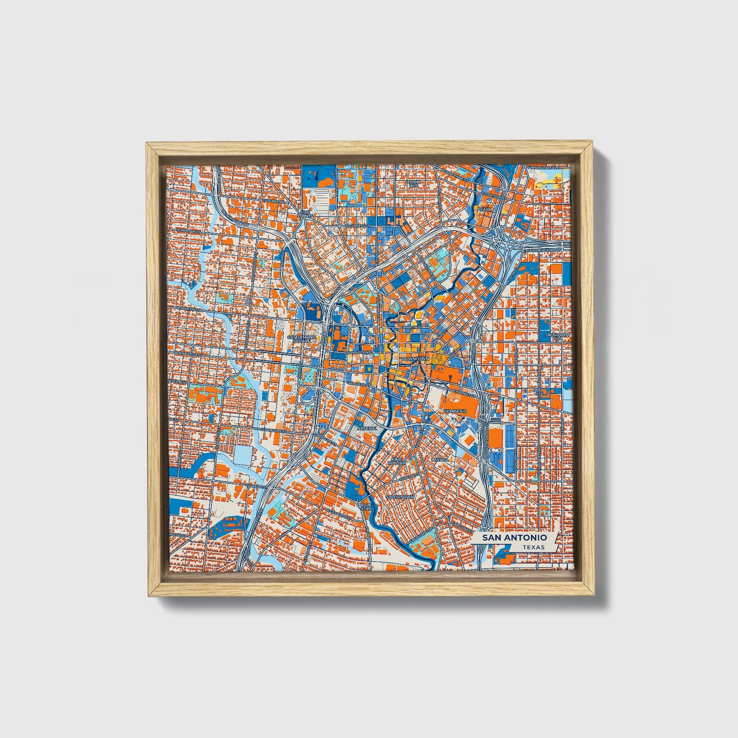 San Antonio Texas Colorful City Map Canvas Print • Natural Wooden Framed