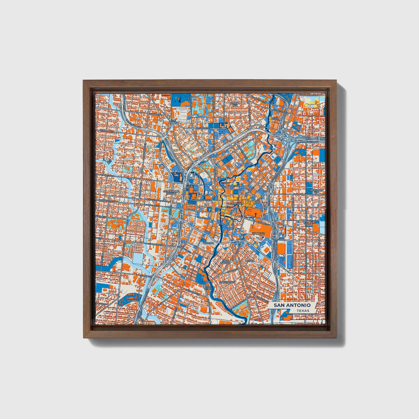 San Antonio Texas Colorful City Map Canvas Print • Dark Wooden Framed