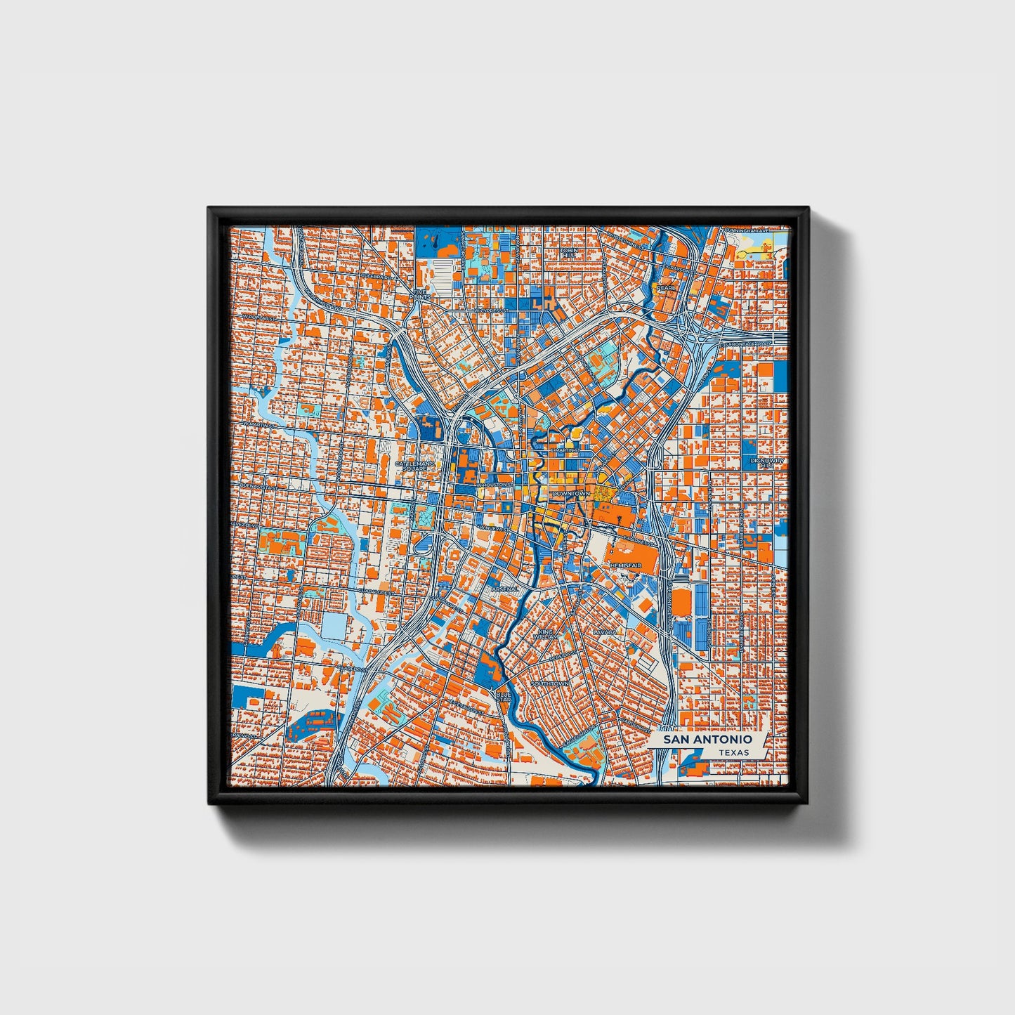 San Antonio Texas Colorful City Map Canvas Print • Black Framed