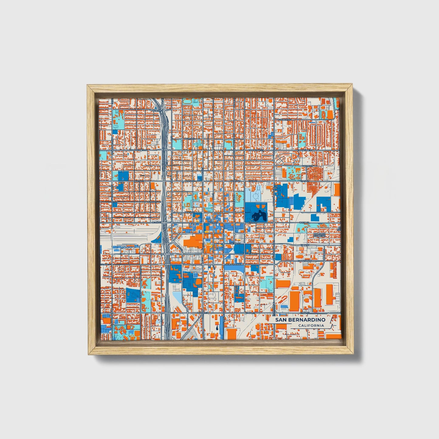 San Bernardino California Colorful City Map Canvas Print • Natural Wooden Framed