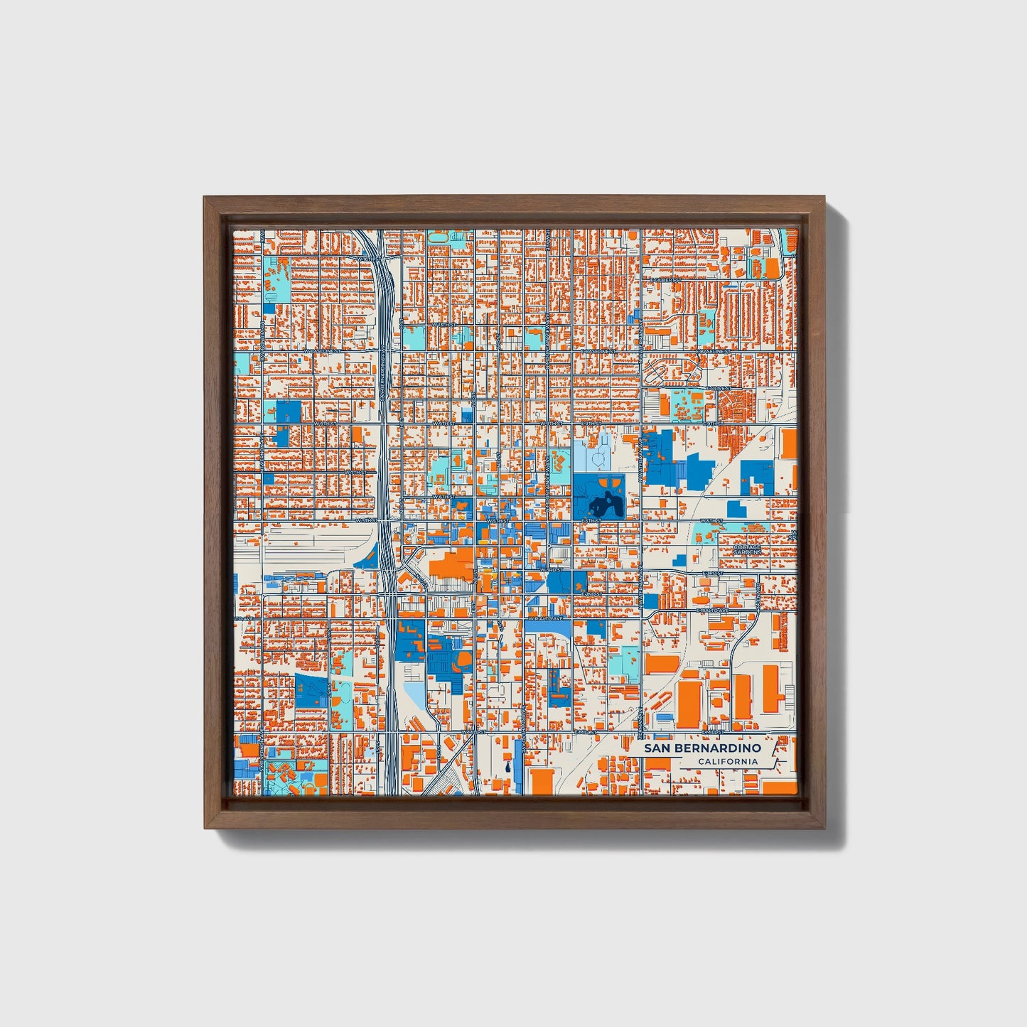 San Bernardino California Colorful City Map Canvas Print • Dark Wooden Framed