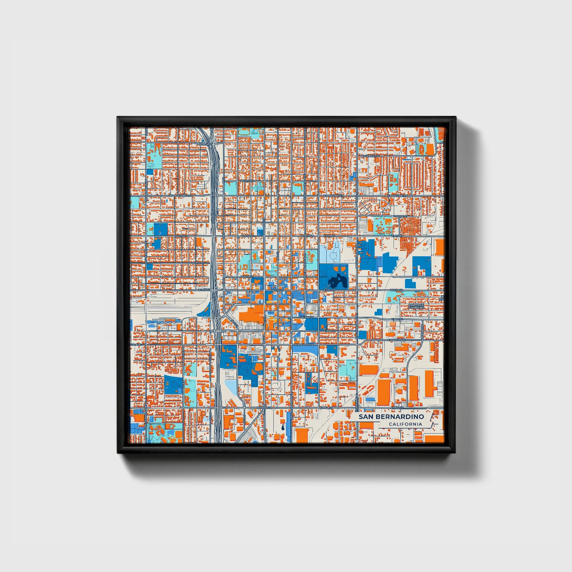 San Bernardino California Colorful City Map Canvas Print • Black Framed