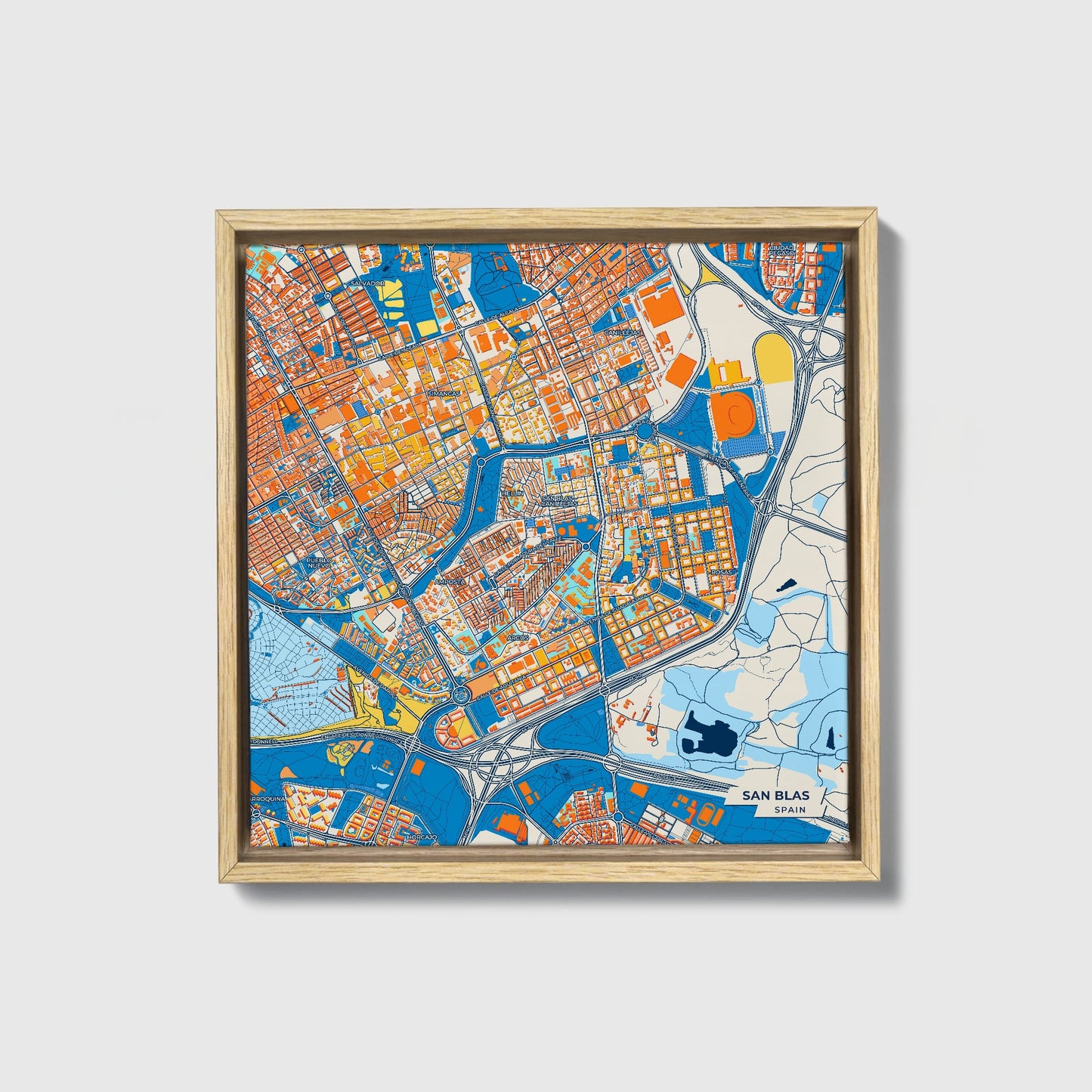 San Blas Spain Colorful City Map Canvas Print • Natural Wooden Framed