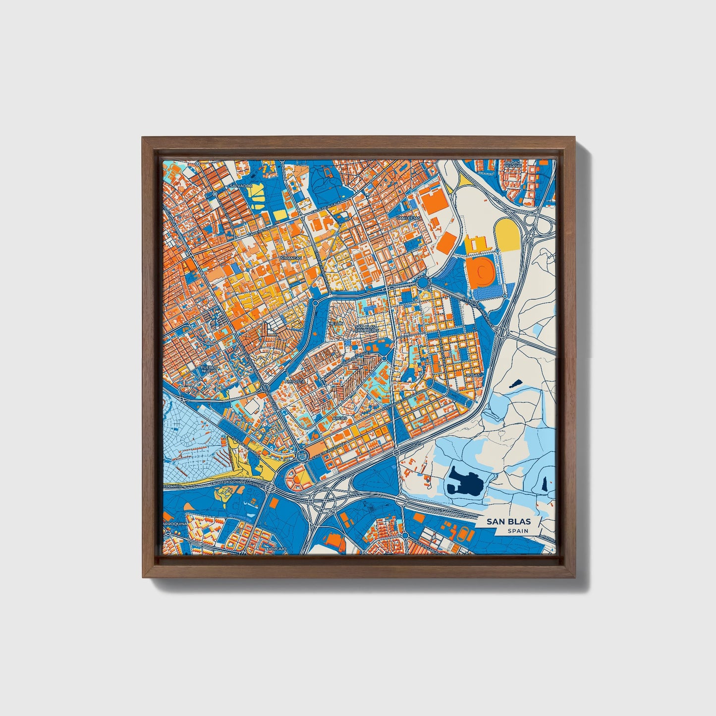 San Blas Spain Colorful City Map Canvas Print • Dark Wooden Framed
