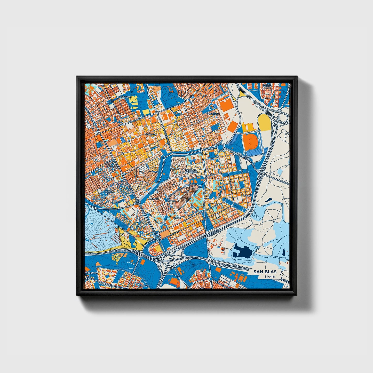 San Blas Spain Colorful City Map Canvas Print • Black Framed