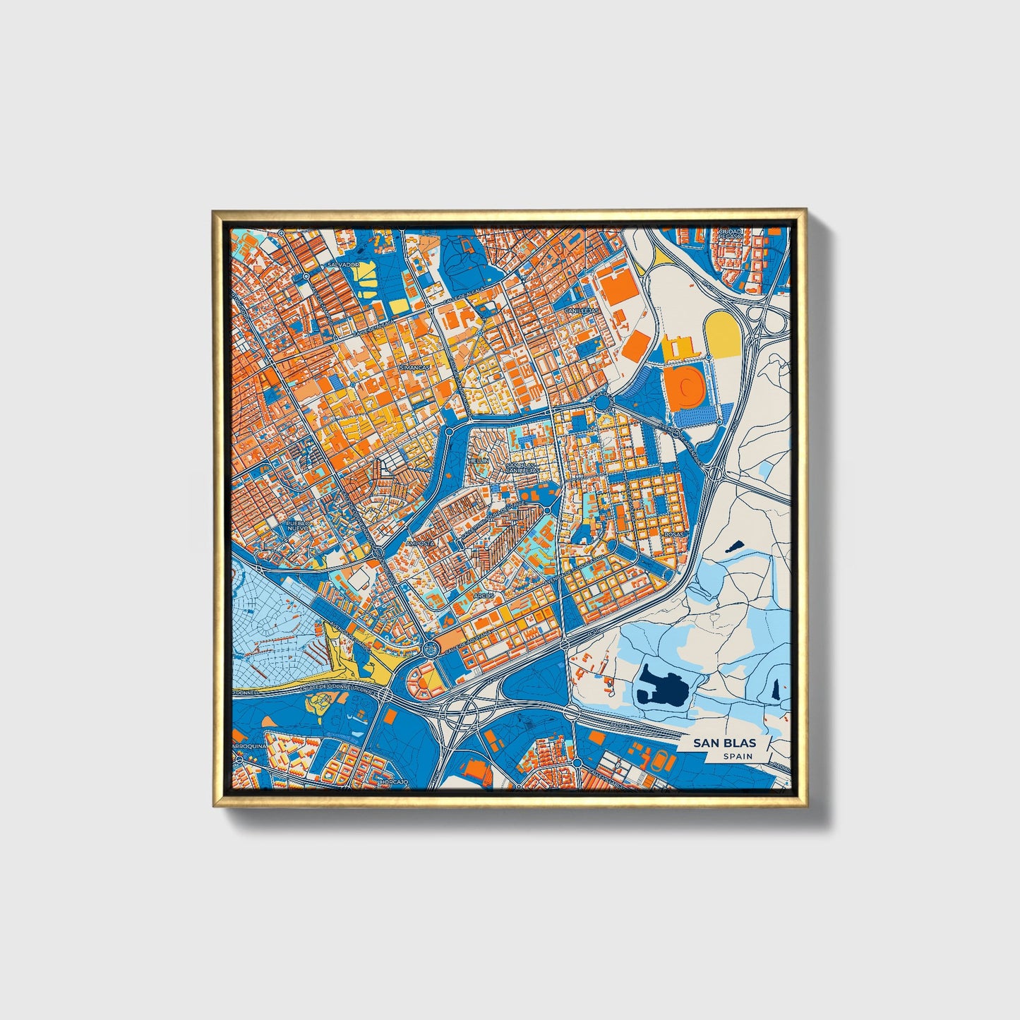 San Blas Spain Colorful City Map Canvas Print • Gold Framed