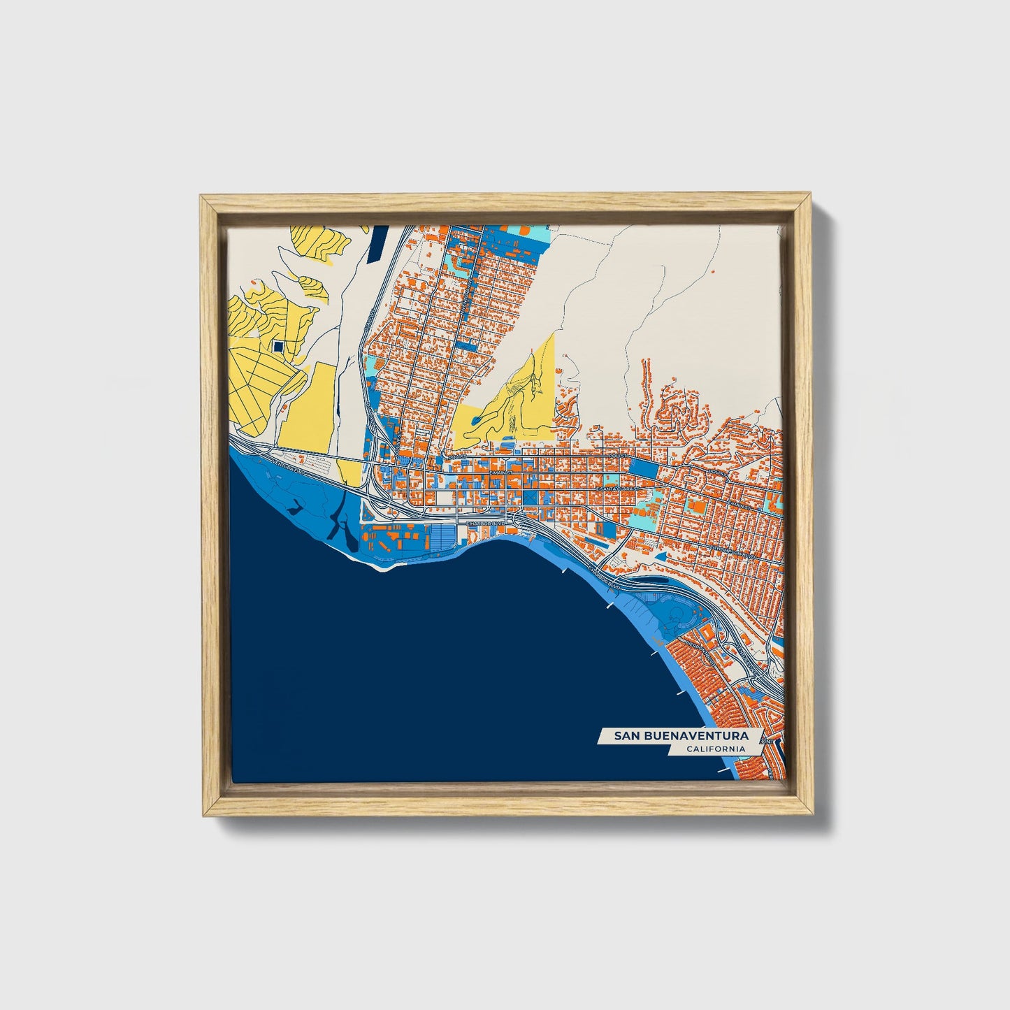 San Buenaventura California Colorful City Map Canvas Print • Natural Wooden Framed