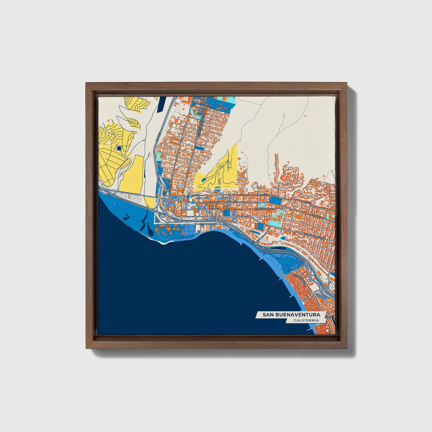 San Buenaventura California Colorful City Map Canvas Print • Dark Wooden Framed