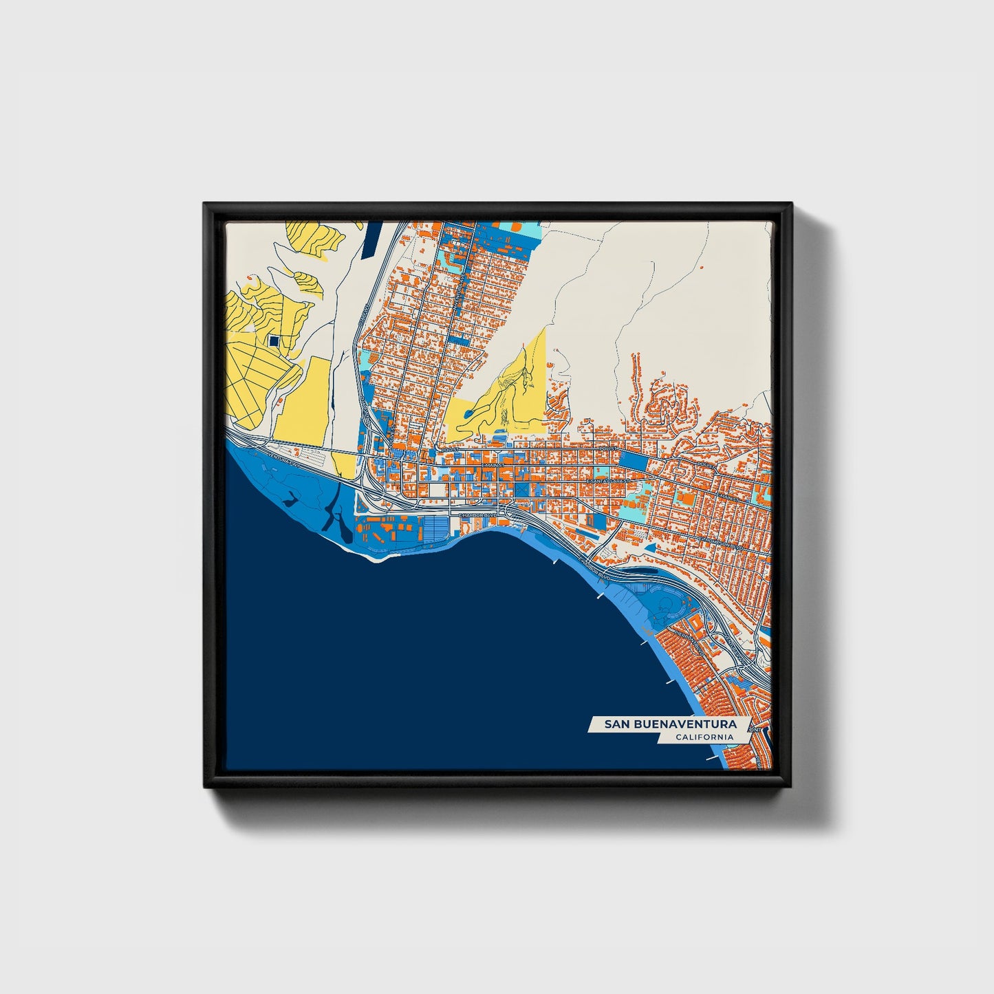 San Buenaventura California Colorful City Map Canvas Print • Black Framed
