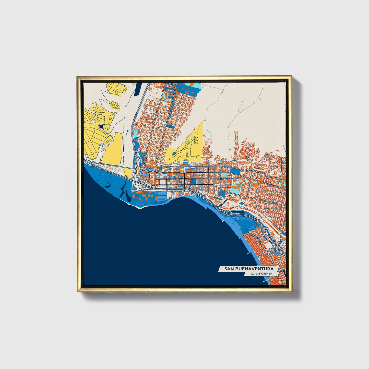 San Buenaventura California Colorful City Map Canvas Print • Gold Framed