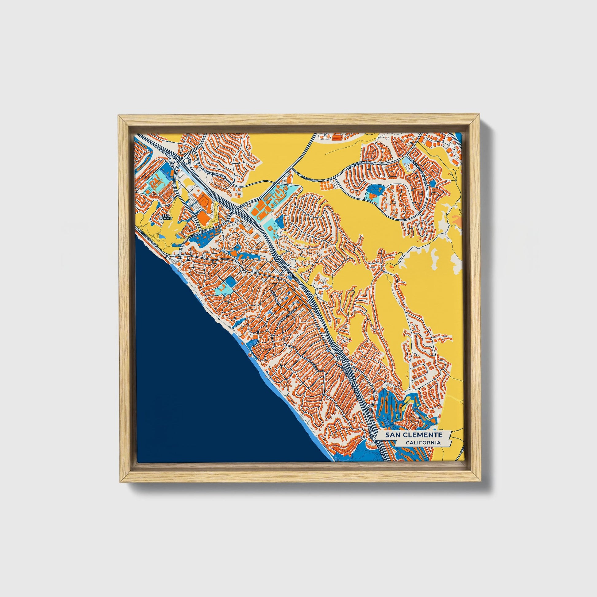 San Clemente California Colorful City Map Canvas Print • Natural Wooden Framed