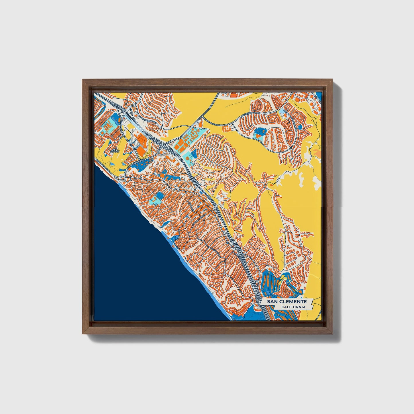San Clemente California Colorful City Map Canvas Print • Dark Wooden Framed
