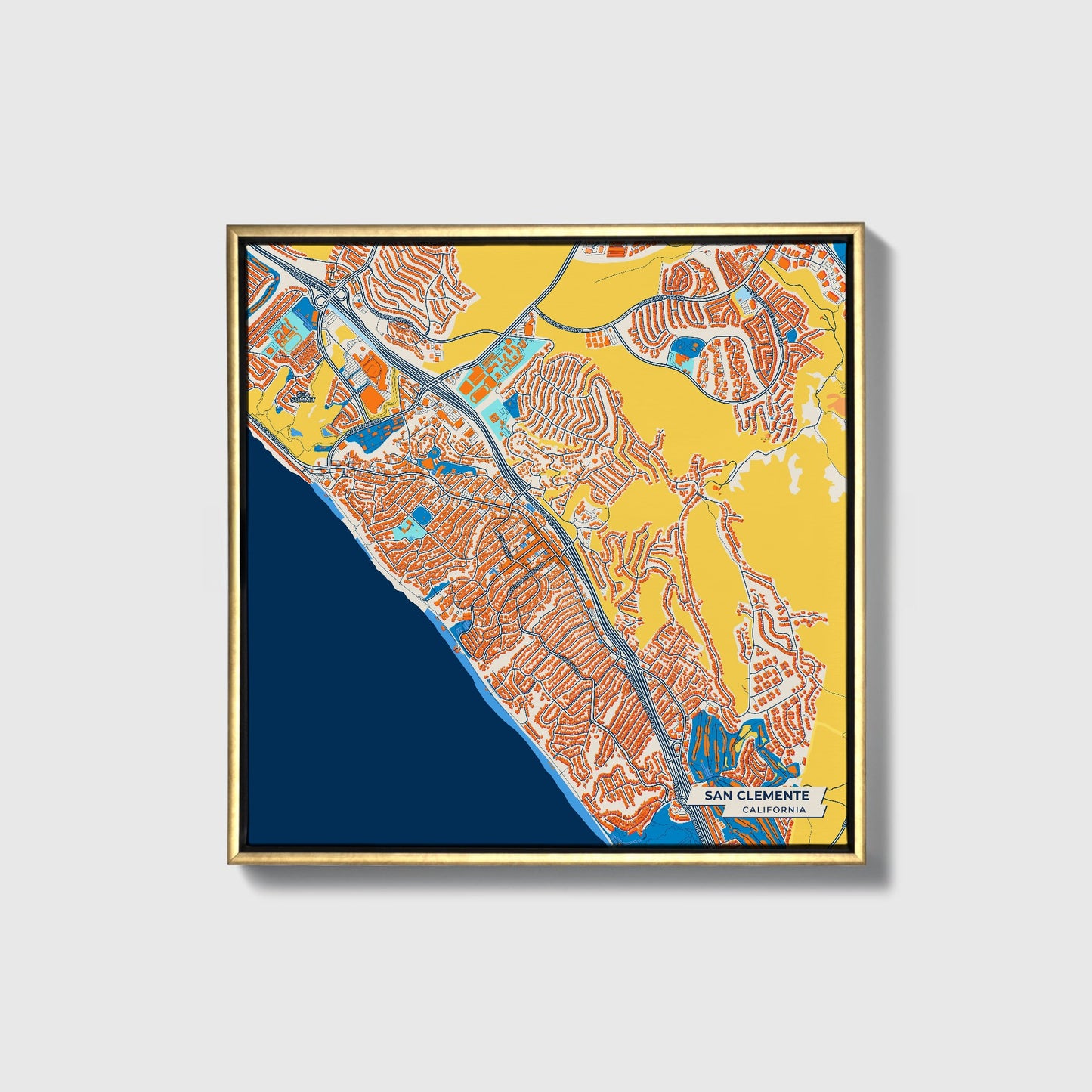 San Clemente California Colorful City Map Canvas Print • Gold Framed