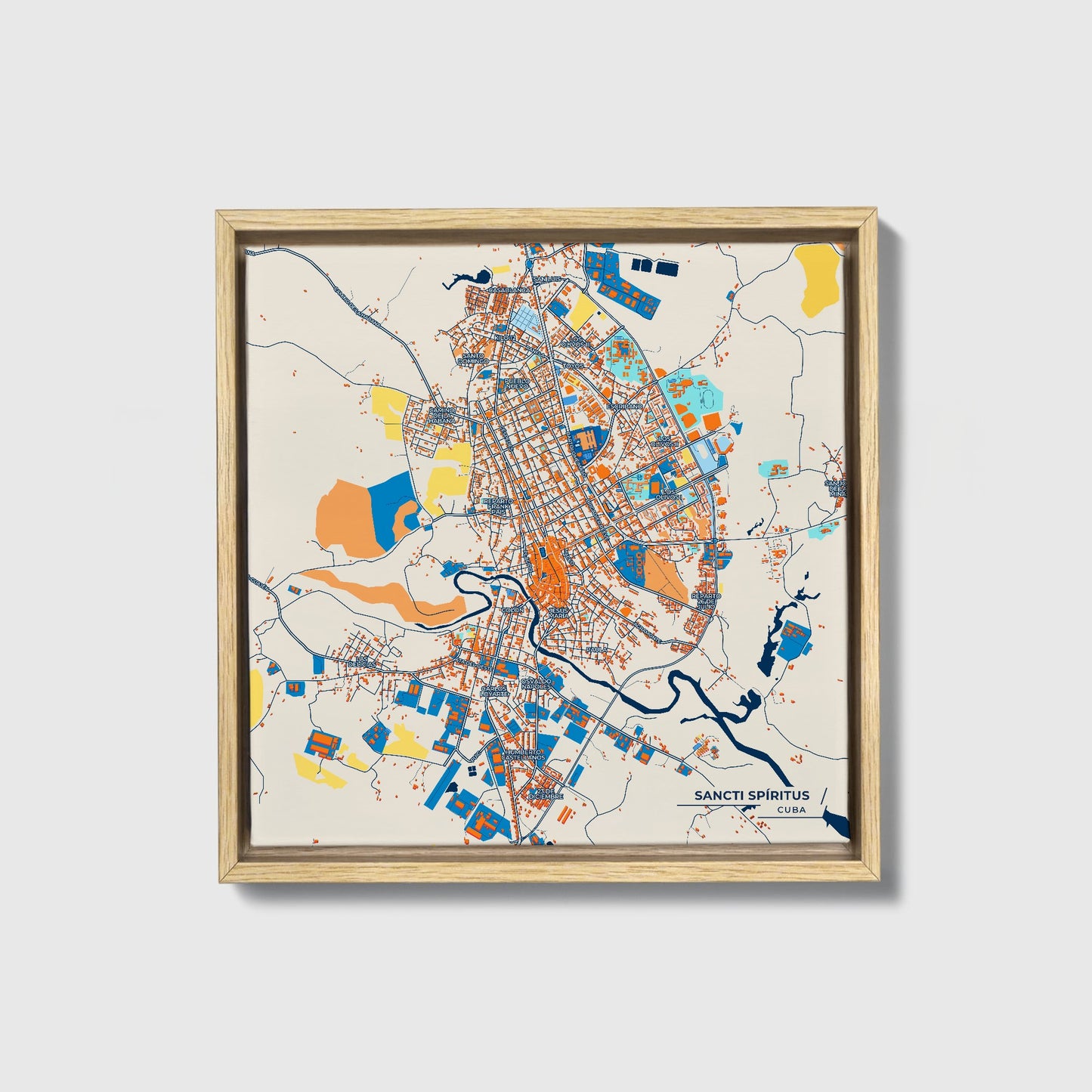 Sancti Spíritus Cuba Colorful City Map Canvas Print • Natural Wooden Framed